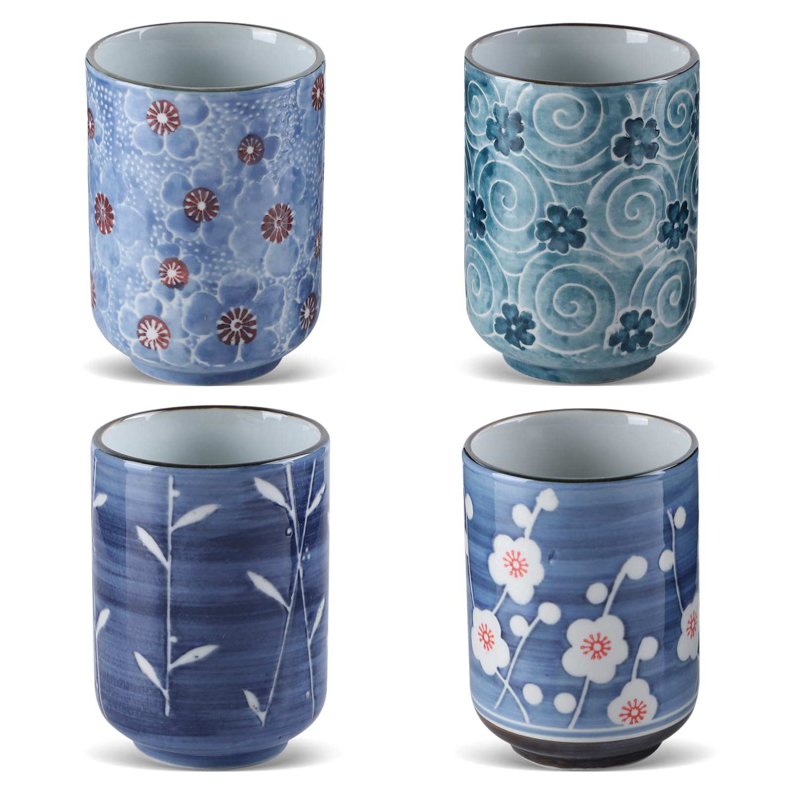 Lot de 4 Tasses Japonaises en Céramique 320 ml - Design Asiatique Sans Anse en Porcelaine pour Thé, Café, Saké - Beau Design Floral
