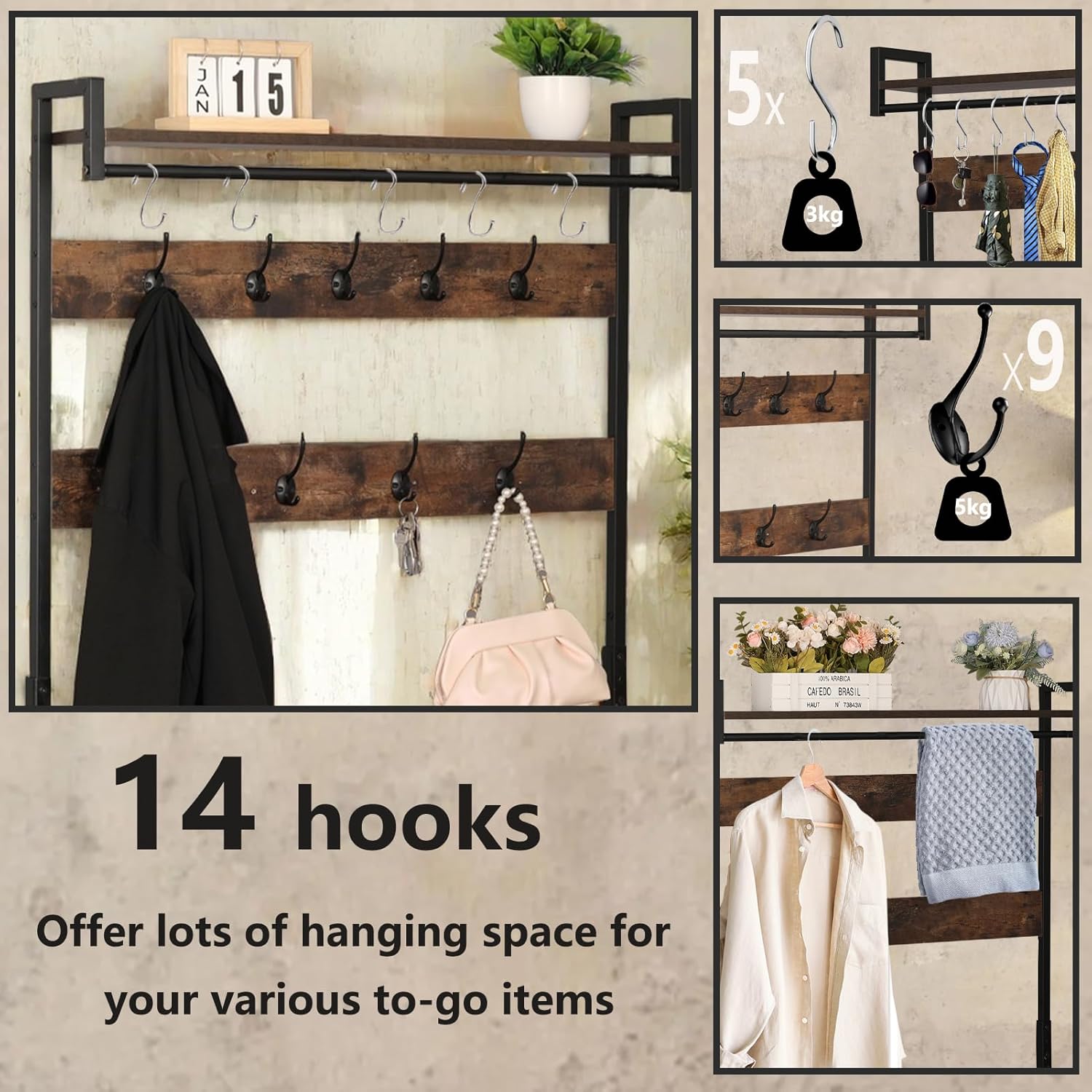 Coat Rack with Shoe Storage, Hall Tree with Bench, 5 in 1 Shoe and Coat Rack for Entryway, with 9 Hooks, A Hanging Rod, 35.5x12x70.8in (Rectangular)