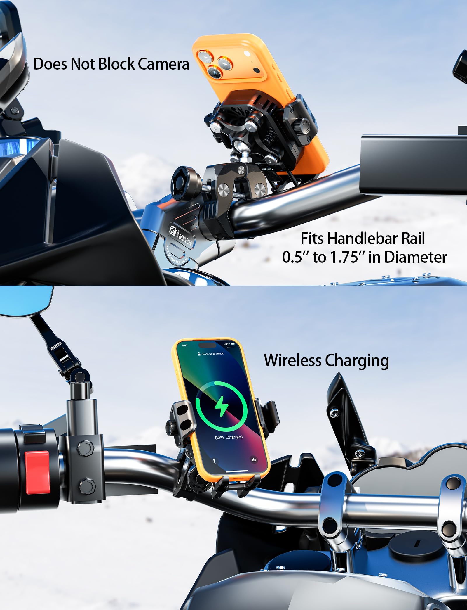 Kewig Support de téléphone pour moto avec chargeur sans fil Qi2 15 W et port de charge rapide 36 W PD/USB-C [amortisseur de vibrations] [compatible avec l'appareil photo] Support de téléphone pour