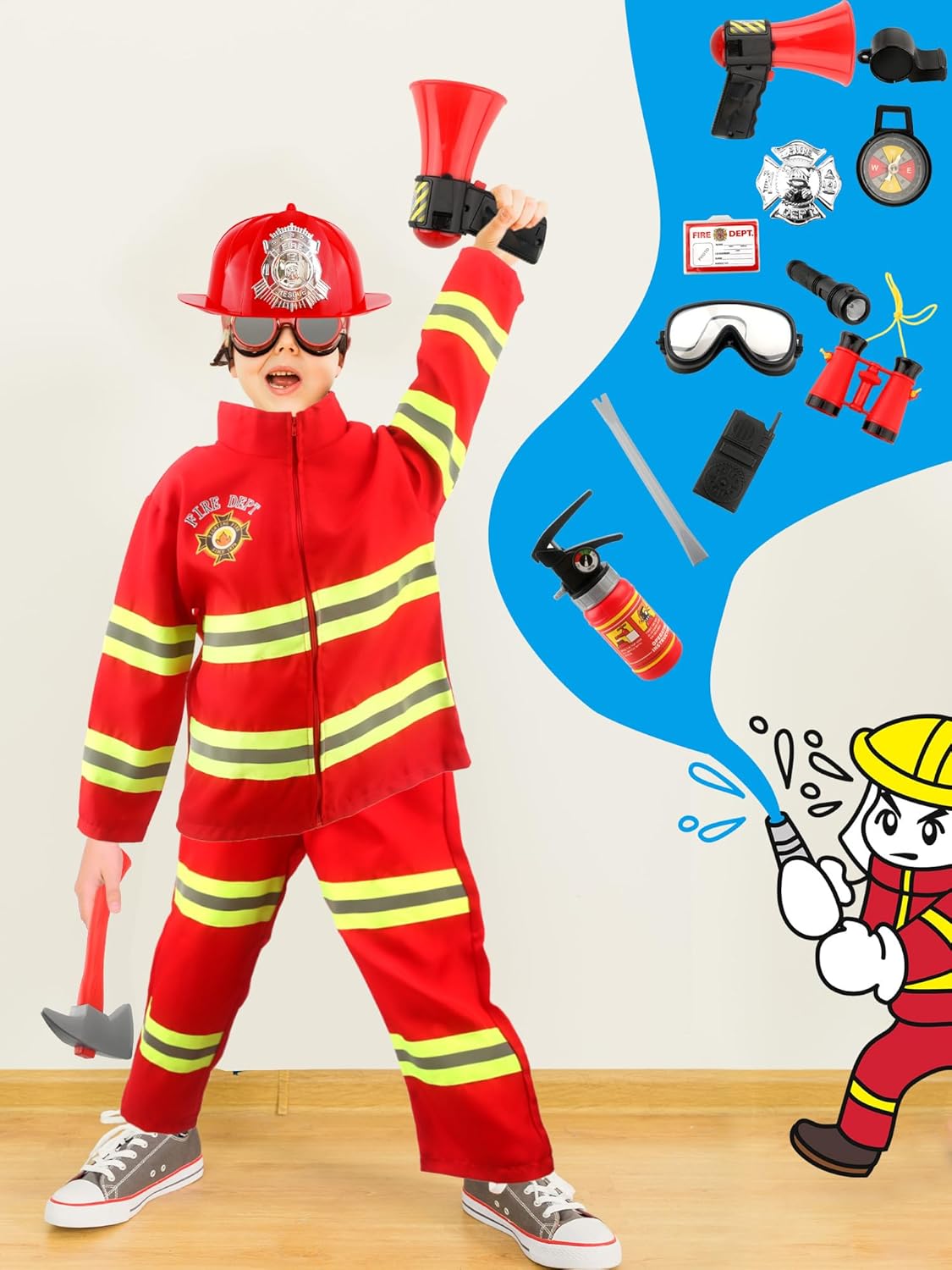 17 Pcs Kids Fireman Costume Set Fire Chief Firefighter Dress Up Outfits for Halloween Pretend Role Play Toys