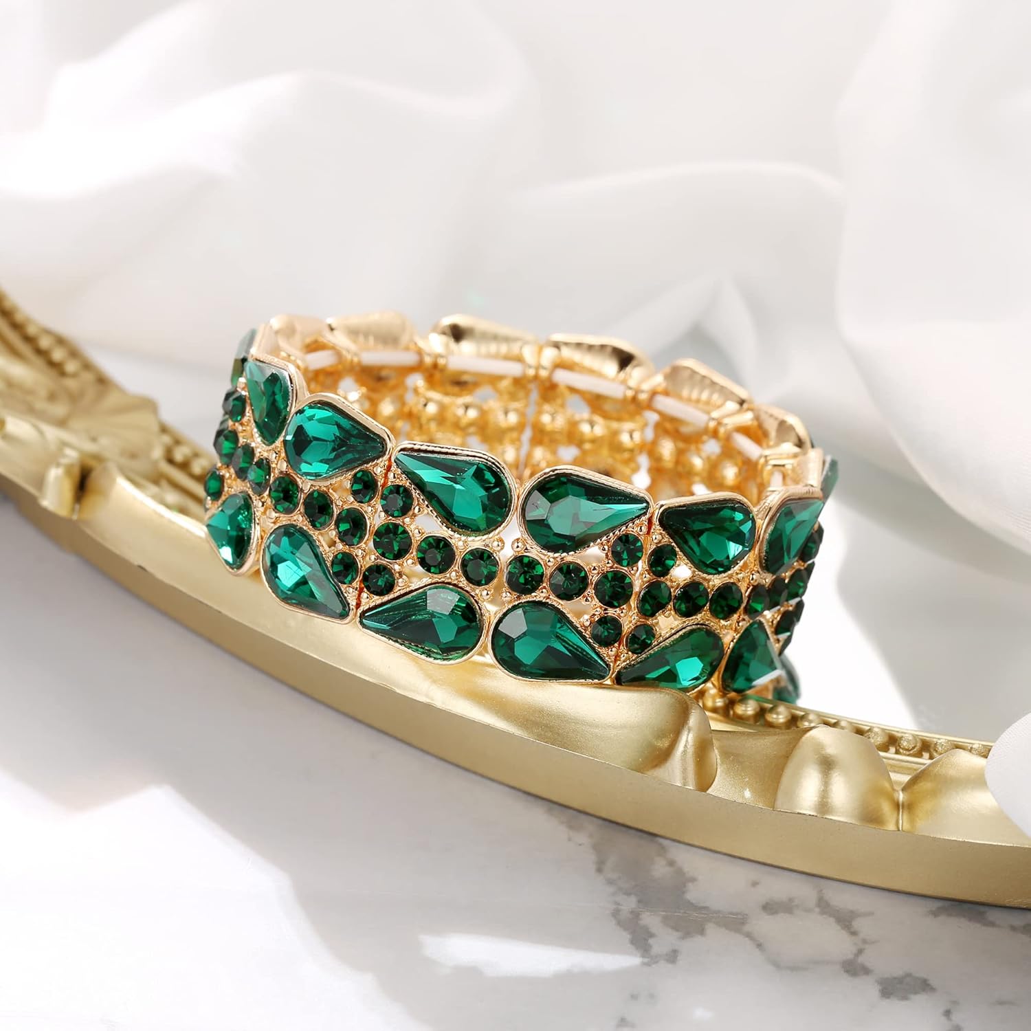 BriLove Wedding Bridal Elegant Crystal Double Row Teardrop Rhinestones Cluster Stretch Bangle Bracelet for Bride - Image 2