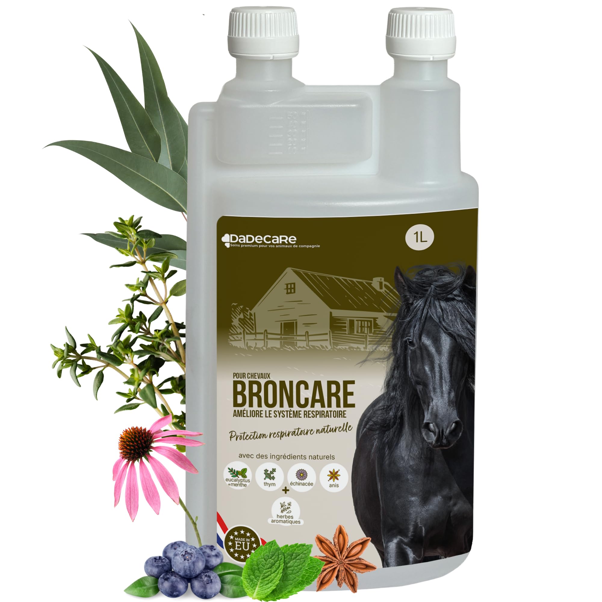 Broncare - Respiratoire Chevaux 1L - Extraits de Menthe, Eucalyptus, Thym et Herbes - Renforce immunitaire et bien-être pulmonaire - Idéal dans les environnements poussiéreux, chauds ou