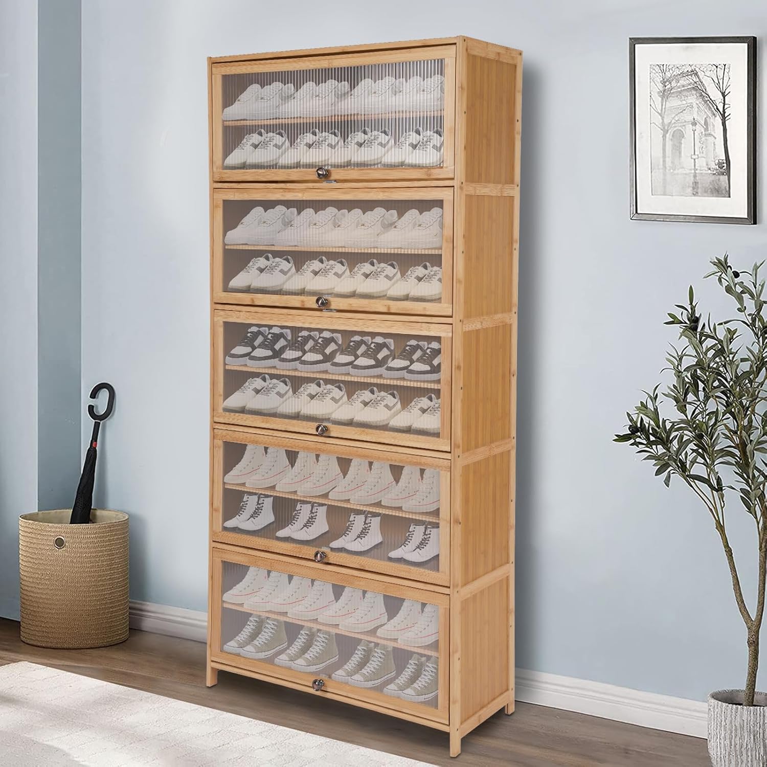 Shoe Storage Cabinet for Entryway, 10 Tier Bamboo Shoe Cabinet Large Capacity Shoe Organizer with Flip Doors, Free Standing Shoe Racks Organizer for Hallway Office Living Room (Brown)