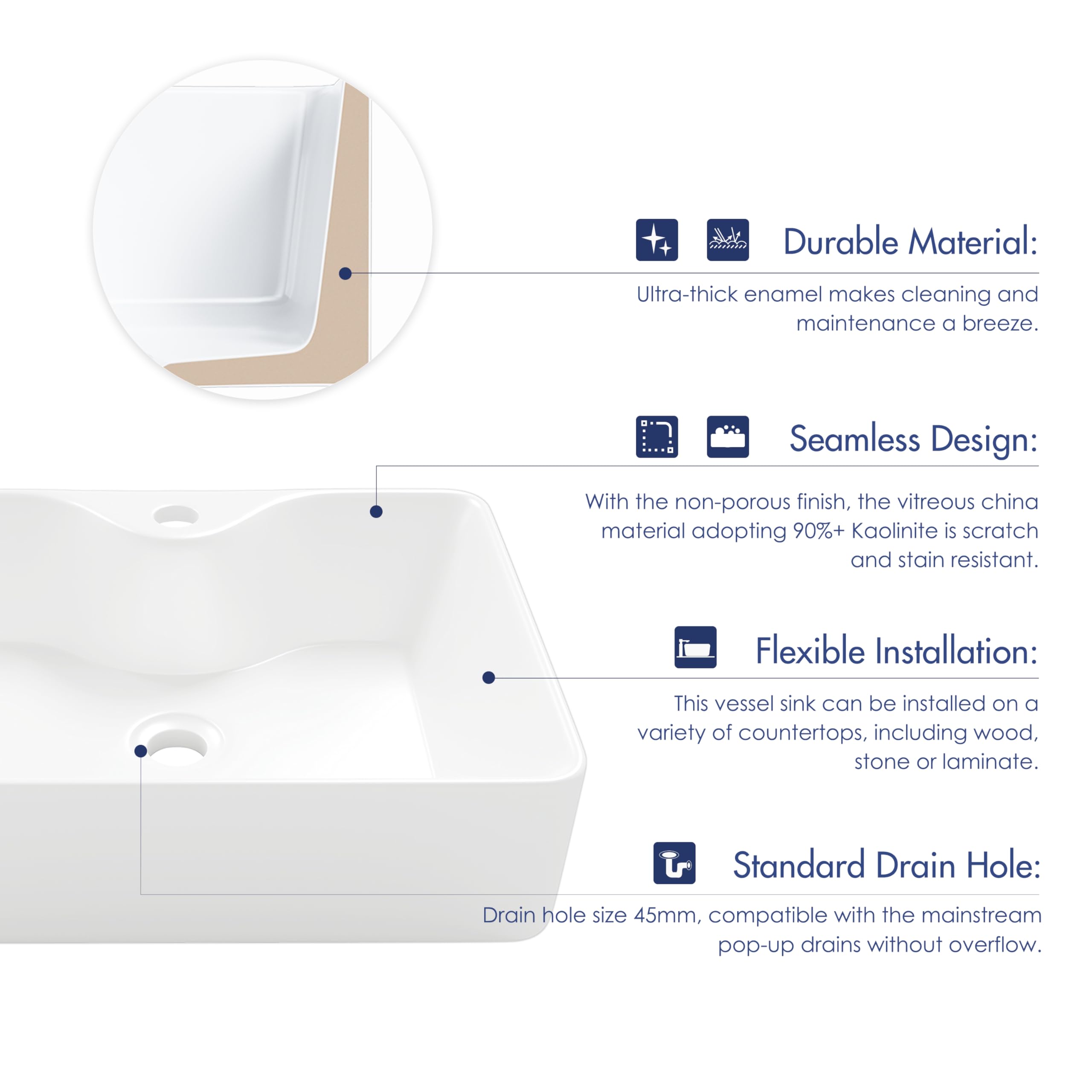 Eridanus Lavabo Rettangolare da Appoggio in Ceramica - Con Foro per Rubinetto, per Guardaroba, Bagno, Mobile - Vitreous China, Bianco Lucido - 490 x 370 x 140 mm