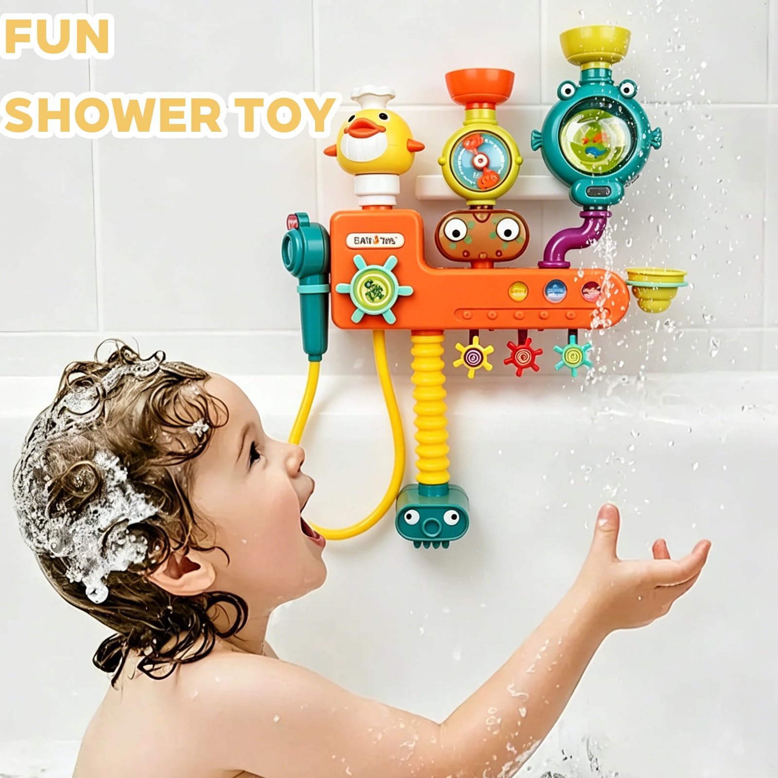 LUKIUP Giocattolo per vasca da bagno 4 in 1, set di giocattoli da bagno interattivi con doccia, ruota d'acqua, barca d'anatra, auto a coccodrillo, fischietto a razzo, giocattolo per vasca da bagno