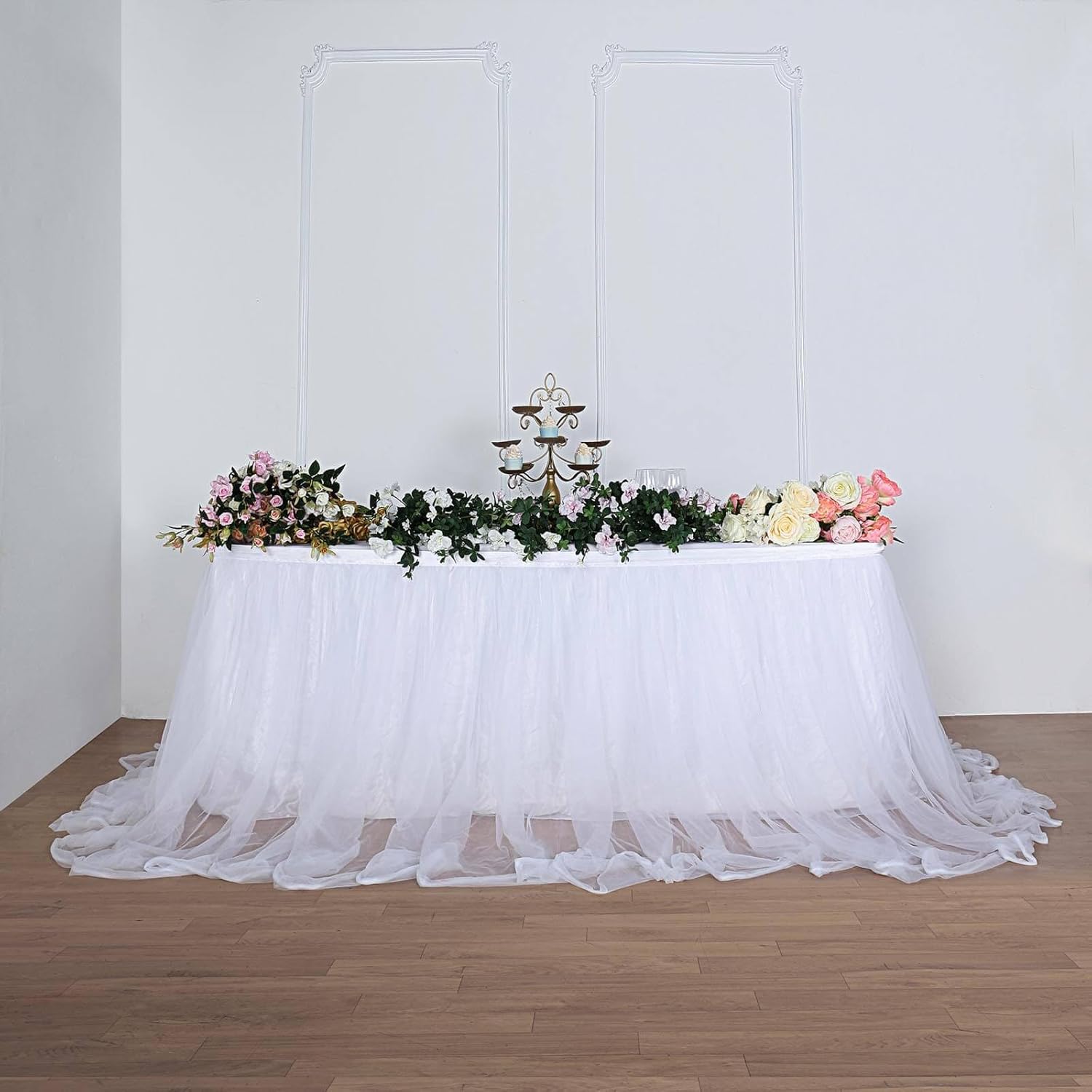 Efavormart 14Ft White Extra Long 48" Two Layered Tulle & Satin Table Skirt for Wedding Party Decoration
