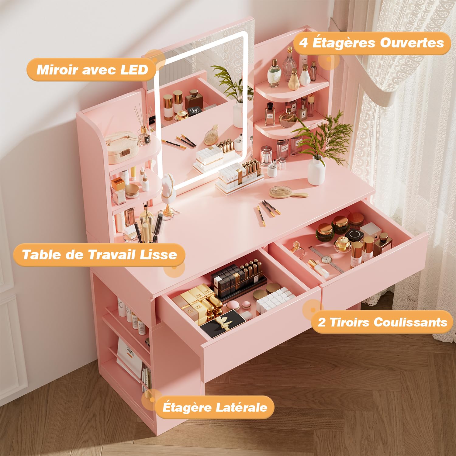 Coiffeuse De Maquillage Avec Miroir LED - 3 Couleurs Lumineuses Réglables - 2 Tiroirs, étagères - Table De Toilette