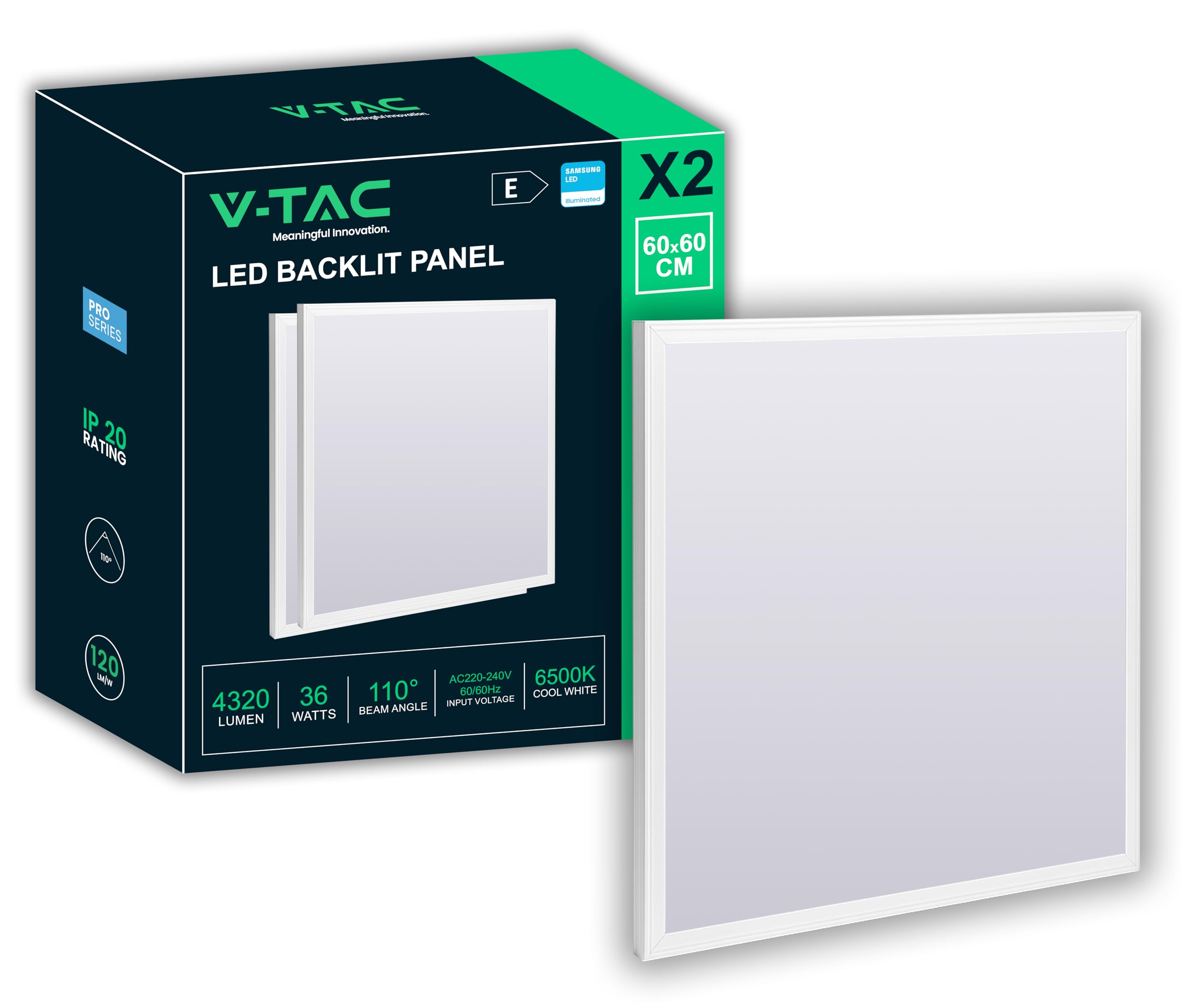 V-TAC 2x Pannelli LED da Incasso 36W con Chip Samsung - 60 x 60 cm - Lampada Quadrata - 4320 Lumen - IP20 - per Soffitto, Ufficio, Casa, Negozio - Plafoniera - Luce 6500K Bianca Fredda