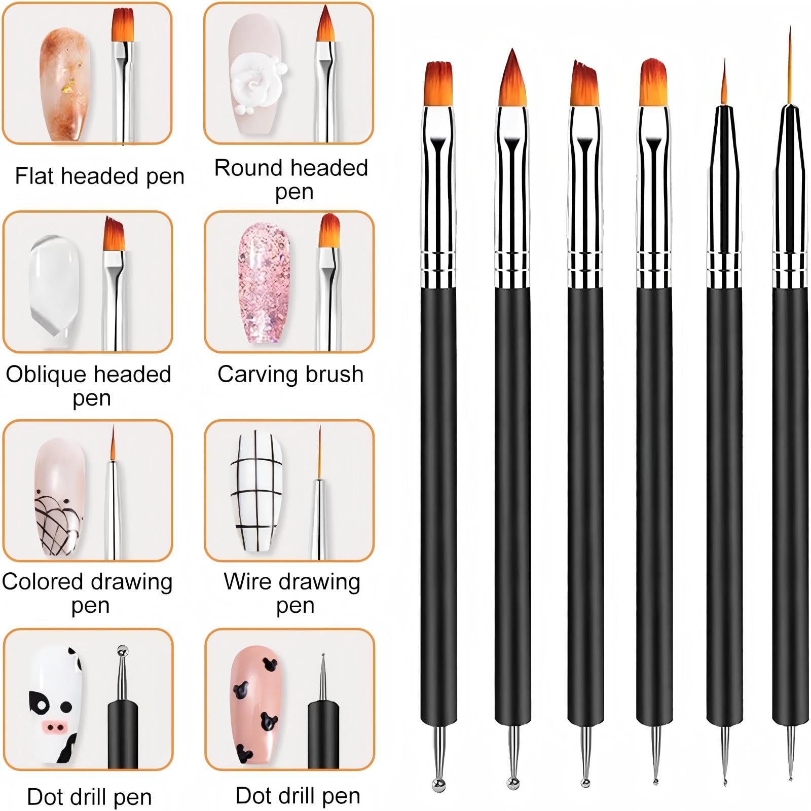 6 Pinceaux Nail Art，6 Stylos à Pointes Doubles, Kit d’Outils de Manucure pour Nail Art DIY à la Maison ou en Salon (Noir)