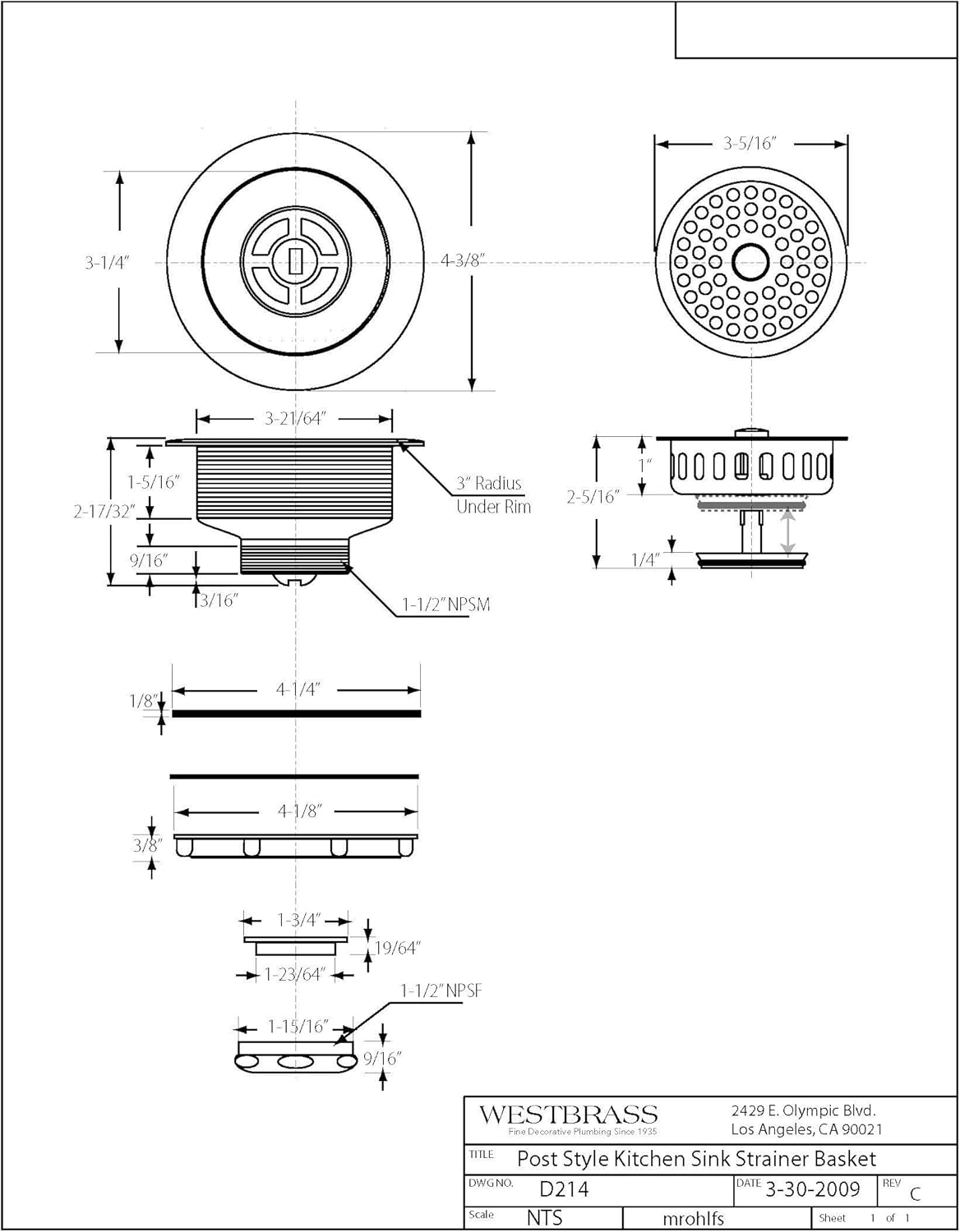 Westbrass A214-50 3-1/2" Post Style Large Kitchen Sink Basket Strainer, Powder Coat White