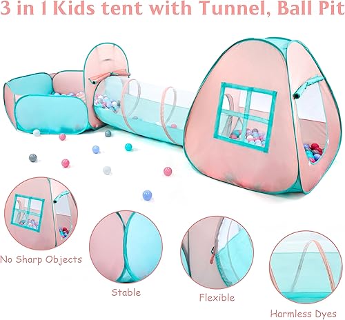 Miniatura 6 de Tienda de campaña desplegable 3 en 1 para niños con túnel y pozo de pelotas para niños, niñas, bebés y niños pequeños, casa de juegos para