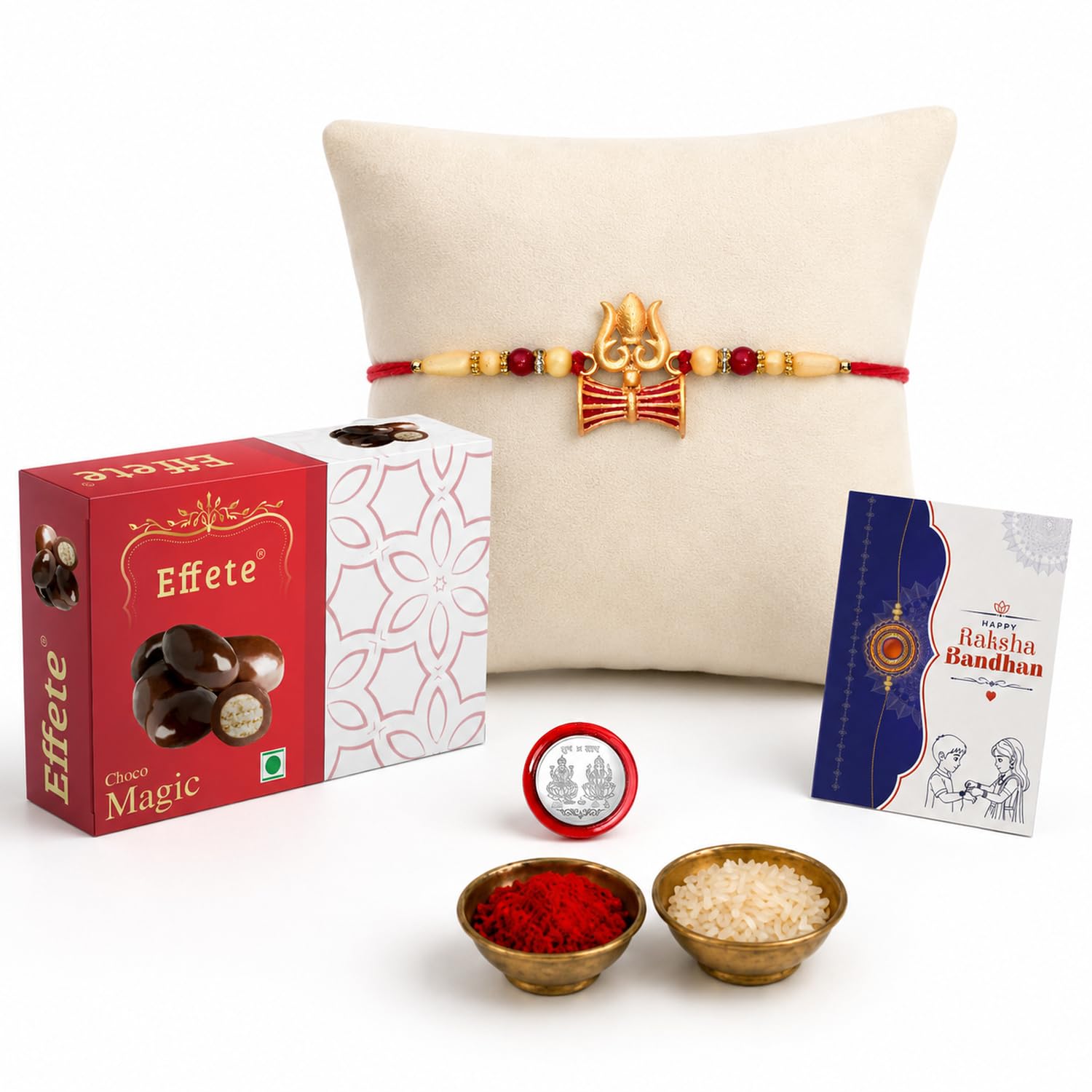 DeoDap Designer Trishul Damru Rakhi for Brother with Choco Magic Chocolate 32gm, Pooja Coin, Roli Chawal & Card | Rakhi with Chocolate Combo for Raksha Bandhan