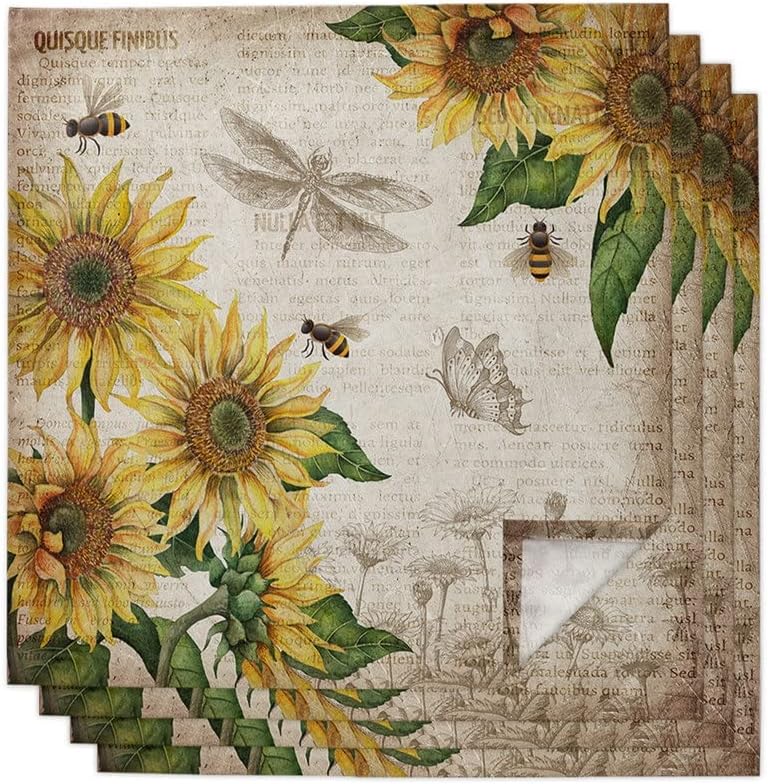 Vintage Old Newspaper Sunflower Table Napkin Cloth Set Wedding Party Restaurant Supplies Christmas Napkins(6pcs)