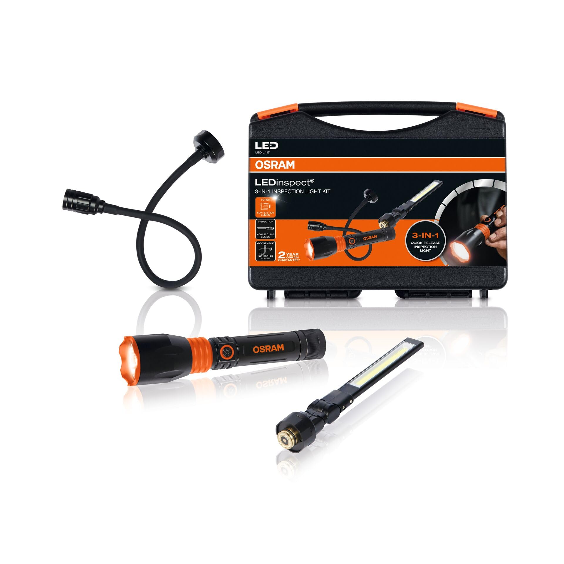 OSRAM LEDinspect 3-IN-1 INSPECTION LIGHT KIT, torch&flexible gooseneck& inspection light; four lighting modes; magnetic handle base