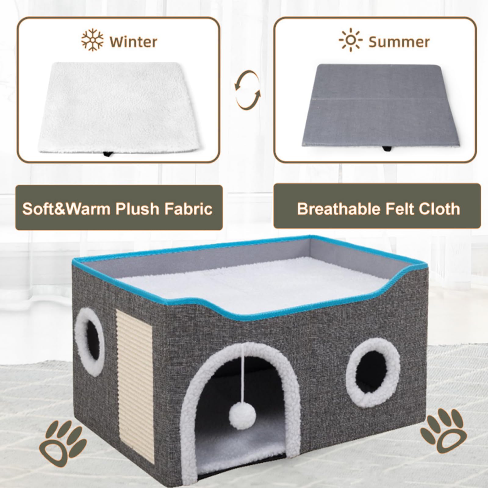 بيت للقطط في الاماكن المغلقة، سرير كبير للقطط مع كرة منفوشة ووسادة خدش، منازل وشقق قابلة للطي، مكعبات قطط، مخبأ قطط، سرير قطط مغطى للقطط الصغيرة والكبيرة
