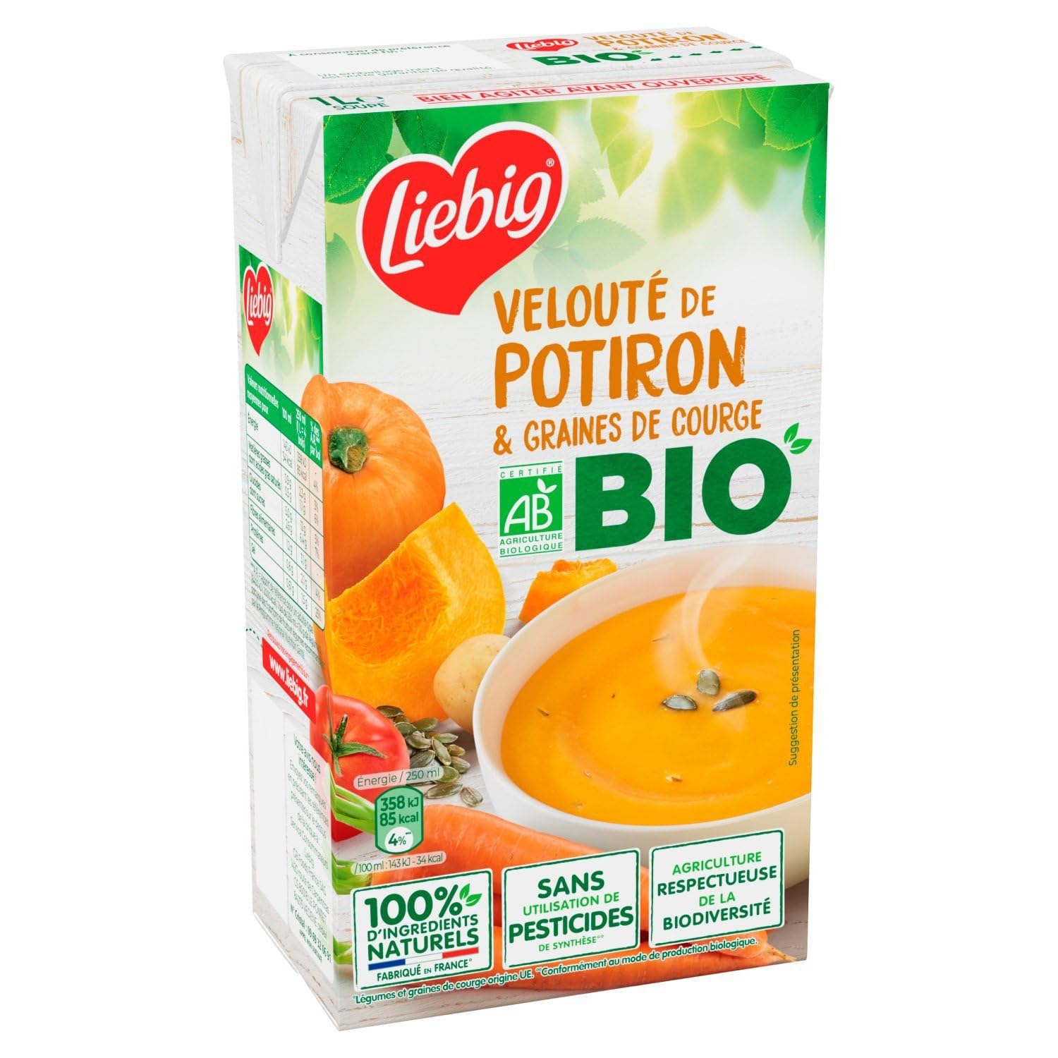LIEBIG – Soupe Velouté Bio Potiron et Carottes, Texture Onctueuse aux Graines de Courge (1L) - Le lot de 3