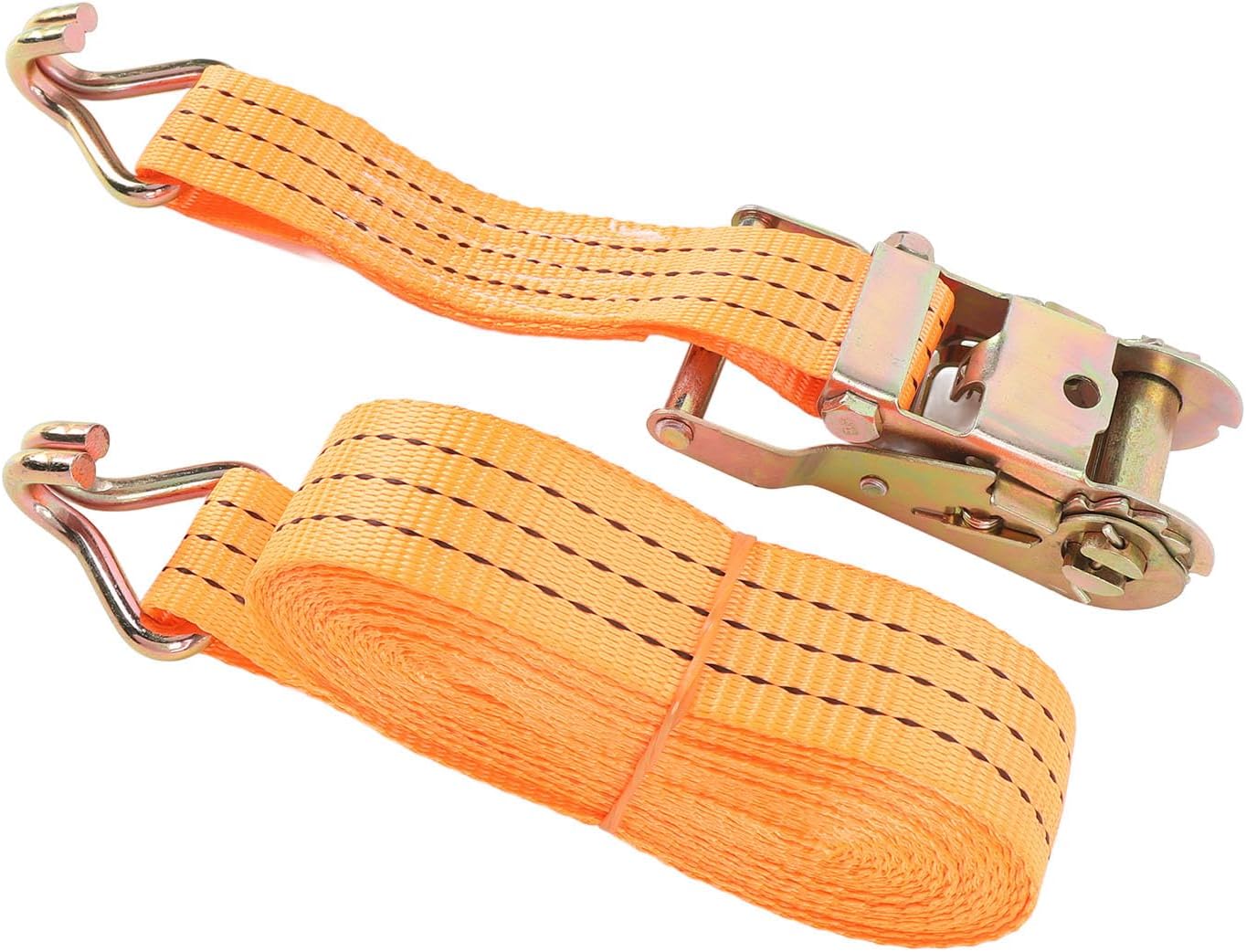 Hyuduo 2 Set Heavy Duty Ratchet Straps, 8M x 35MM Orange Tie Down Straps with 2 J Hooks, 1500KG Pull Force for Towing Trucks and Off Road Vehicles