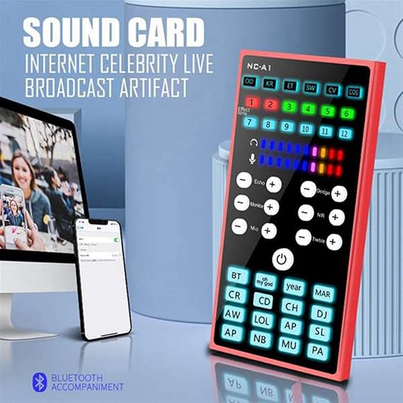 Professional Audio Mixer, A1 Sound Card Adjustable Noise Reduction Dual DSP Audio Processing Portable Sound Card With Colorful Lights