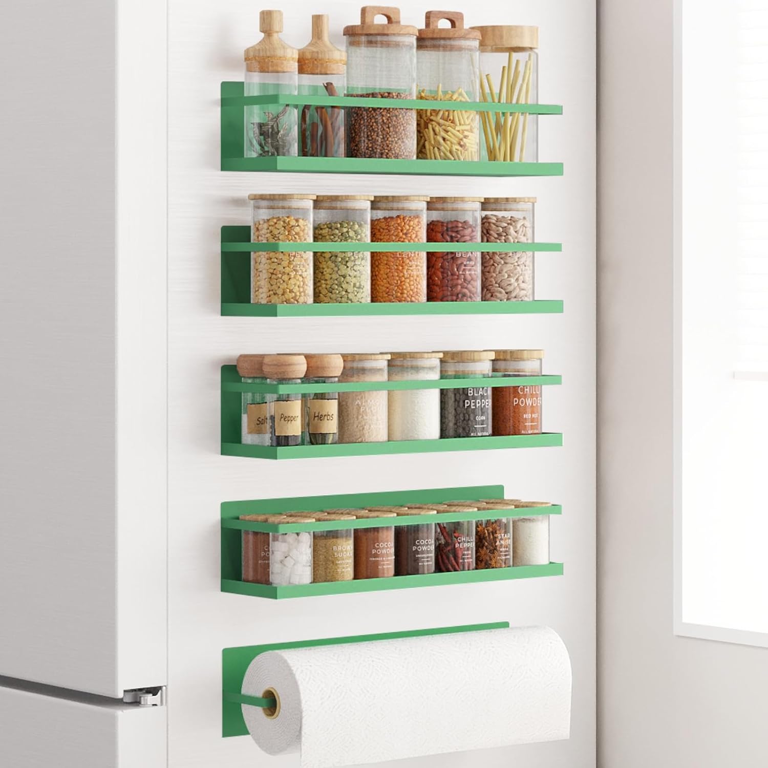 Magnetic Spice Rack For Refrigerator Magnetic Fridge Shelf For Kitchen Spice Organizer Magnetic Shelf For Fridge Space Saving Green 4 Pack With Magnetic Paper Towel Holder