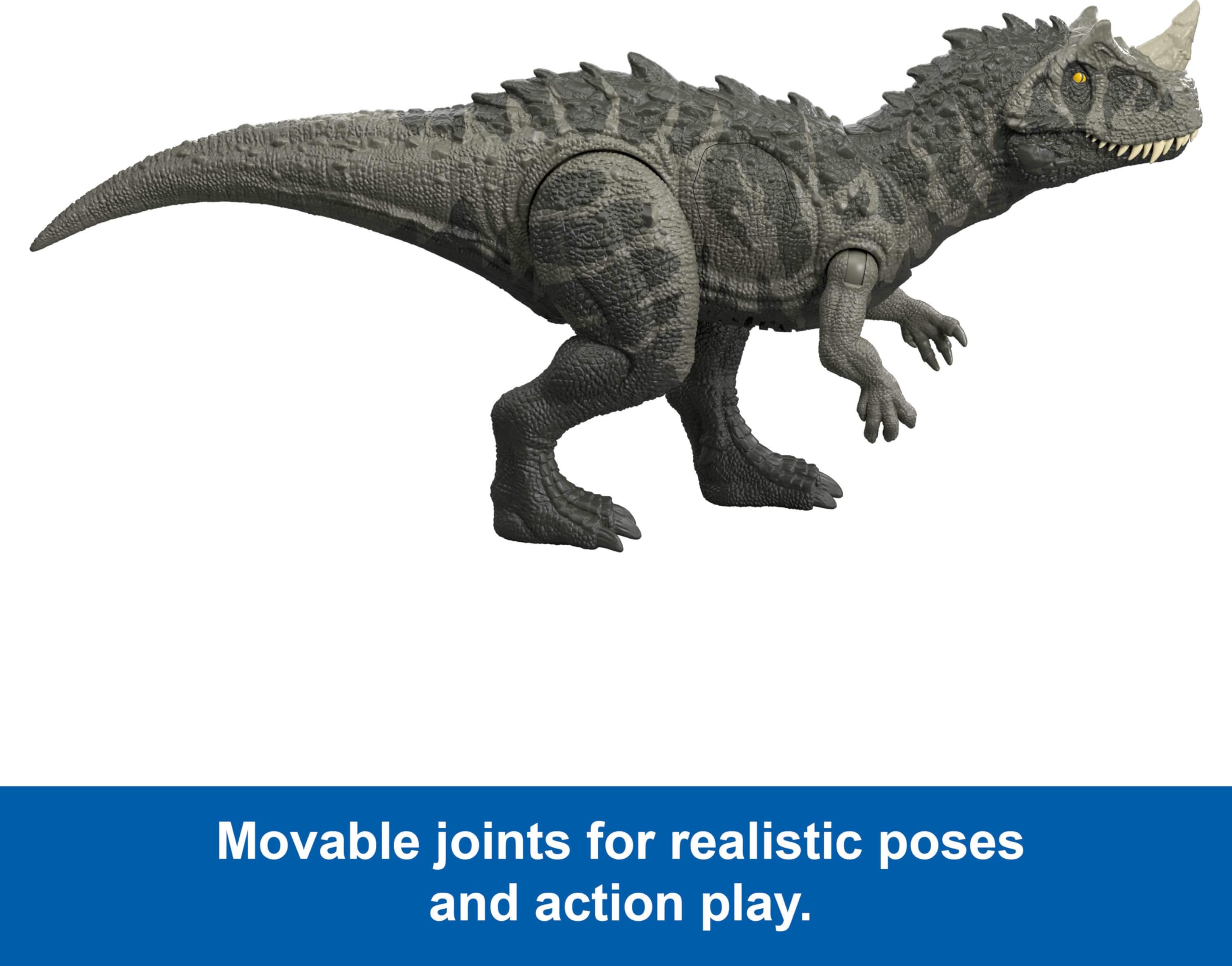 Mattel Jurassic World Ceratozaur Ryczący dinozaur Figurka dinozaura, wielokierunkowy atak paszczą i dźwięk, zabawka interaktywna do ustawiania w różnych pozach, dinozaur zabawka dla dzieci 4+, JKL77