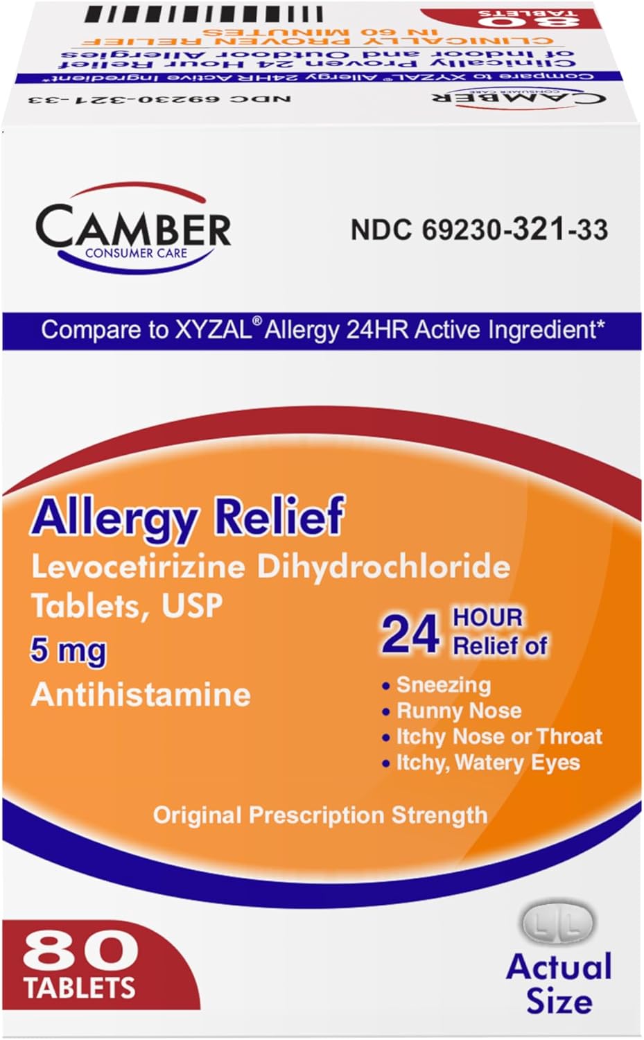 Camber Levocetirizine Dihydrochloride 5mg Antihistamine Tablets, Compare to Xyzal Active Ingredient, Allergy Relief Medicine