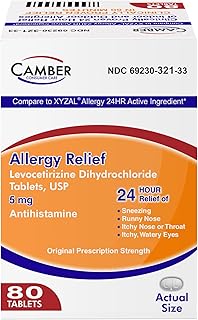 Camber Consumer Care Levocetirizine Dihydrochloride 5mg Antihistamine Tablets, Compare to Xyzal Active Ingredient, Allergy Relief Medicine (80 Count)