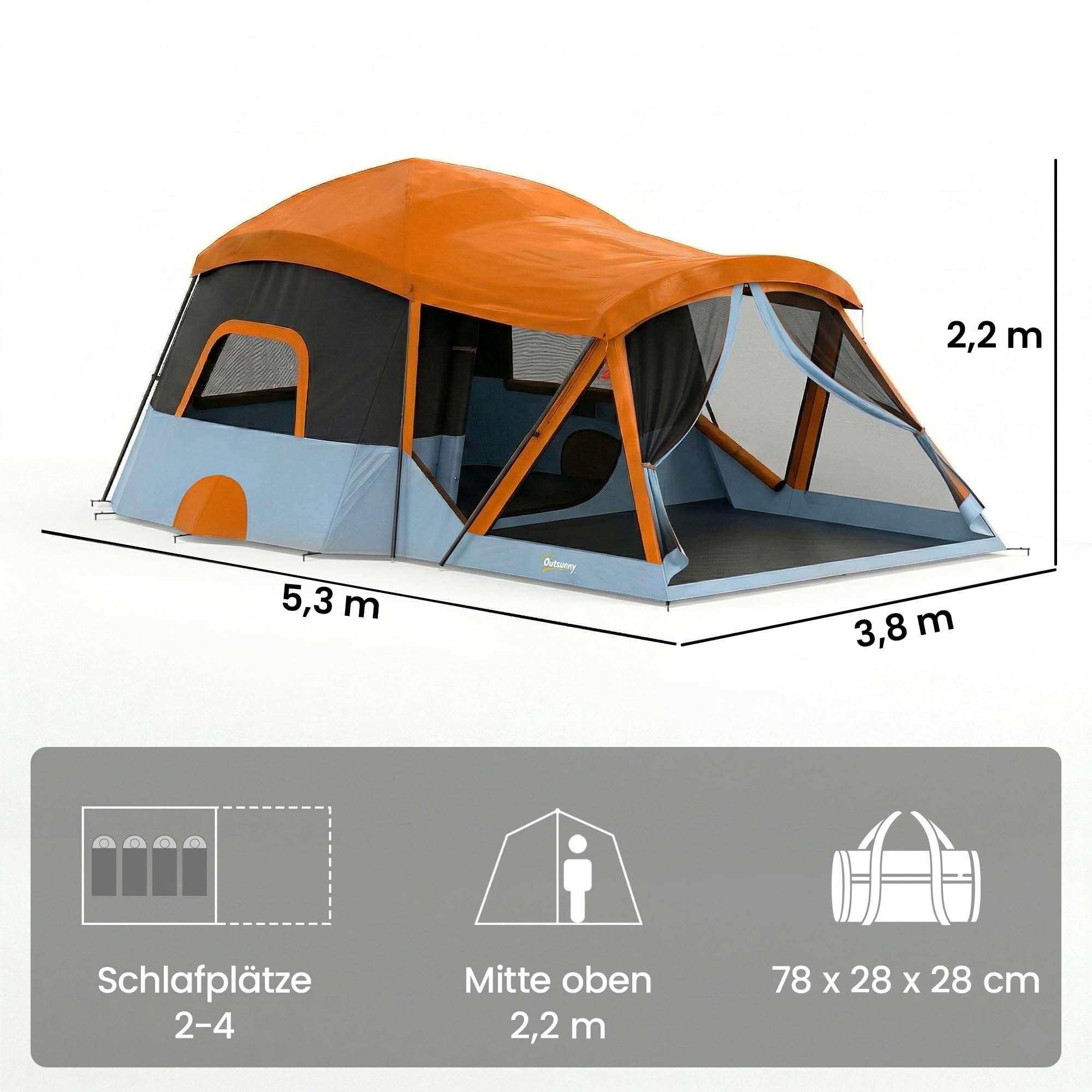Outsunny Tunnelzelt 4 Personen Stehhöhe 3000-mm-Wassersäule Orange+Blau | Familienzelt, Schlaf- und Wohnzimmer, Dachfenstern, Bodenplane, Wasserdicht, Tragetasche, Campingzelt für Cmping