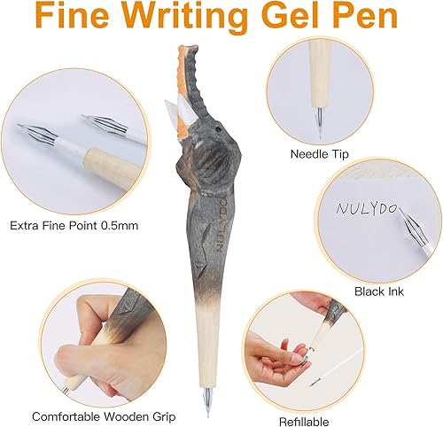 Miniatura 3 de Bolígrafo de gel de animales tallados en madera 100% hecha a mano  Elefante, lindo material escolar estacionario, suministros de oficina, bolígrafo