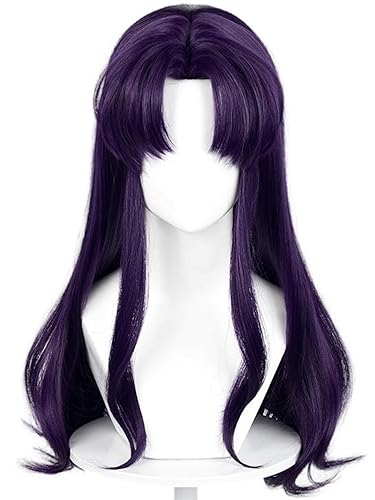 Long Curly Purple Wig with Bangs Anime Dark Purple Cosplay Wigs 21.6'' Synthetic Hair for Women Halloween Party Girls - Dark Purple