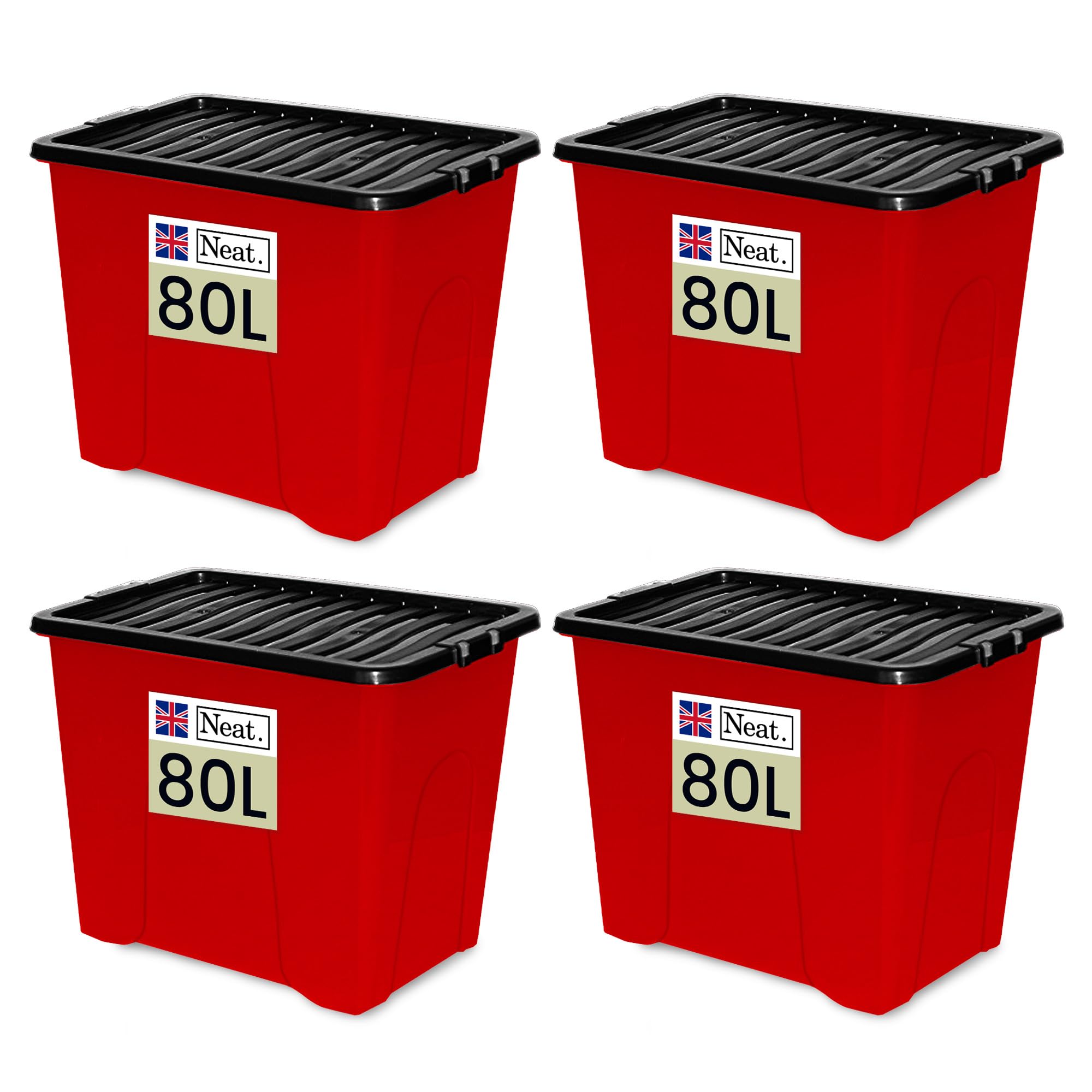 Neat. 80L Storage Boxes with Lids - Red Base & Black Clip Lid Ideal for Home Organisation, Durable, Space-Saving Plastic Box with Lid Storage Solutions Great for Bedroom, Garage & Office Use Pack of 4