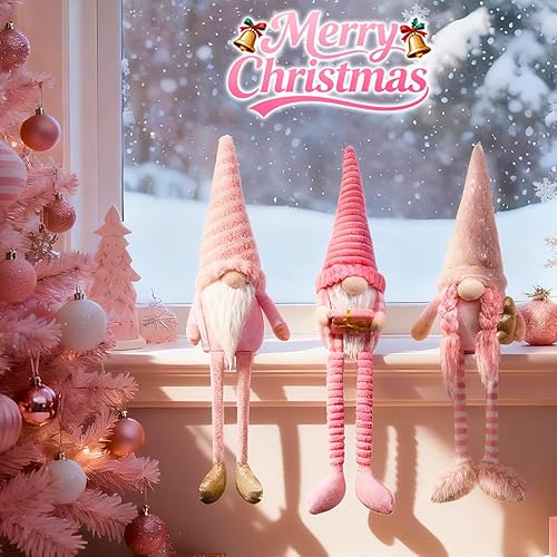 Miniatura 5 de Gnomos de Navidad rosados, decoración de elfo de felpa, 3 piezas hechas a mano de Navidad largas con patas colgantes de invierno, para árbol de