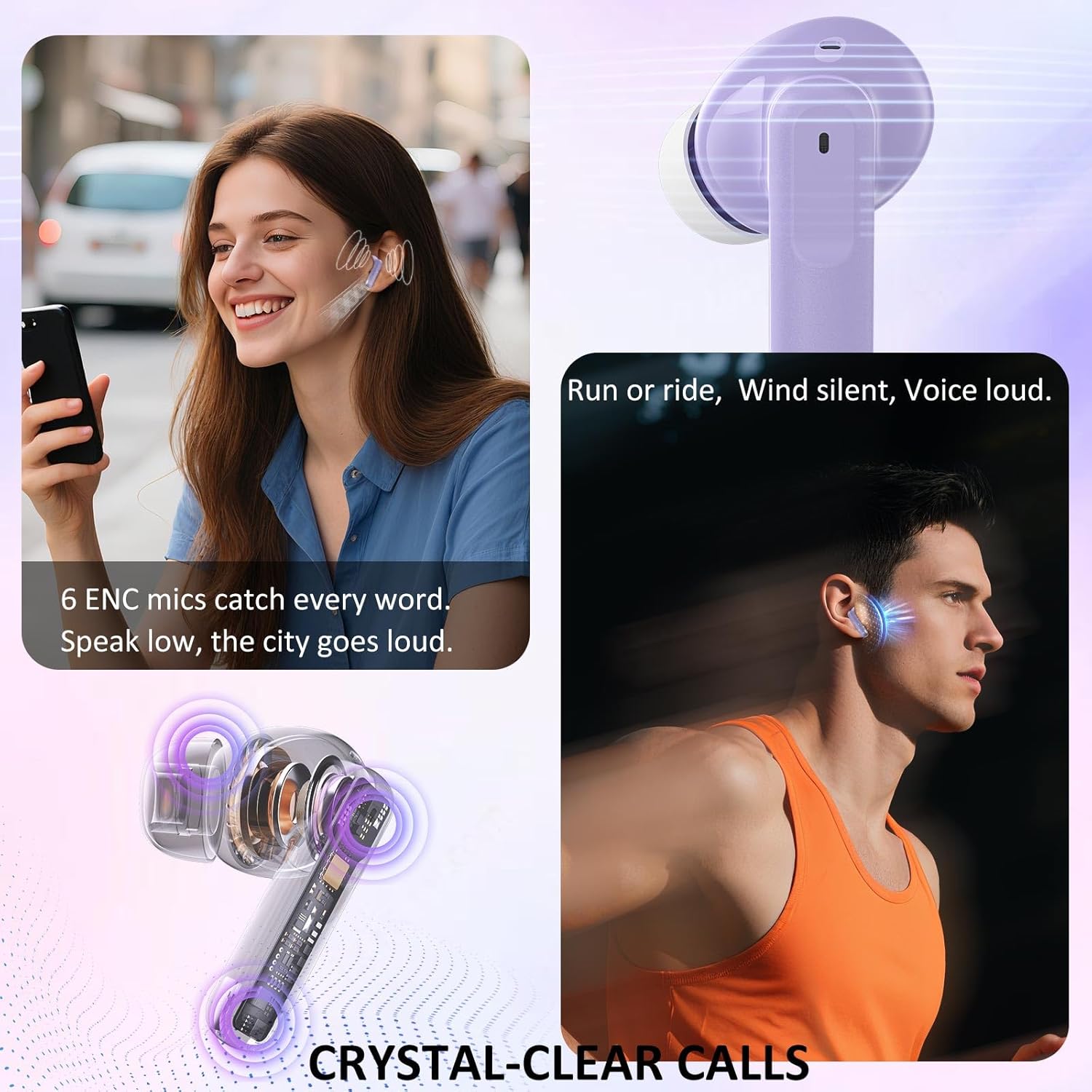 Wireless Earbuds Bluetooth 5.4, 6 Mic ENC Noise Cancelling Clear Call, in Ear Buds Deep Bass HiFi Stereo Sound, Big Dual LED Display 48H Playtime Earphones IP7 Waterproof Headphones Android iOS Purple
