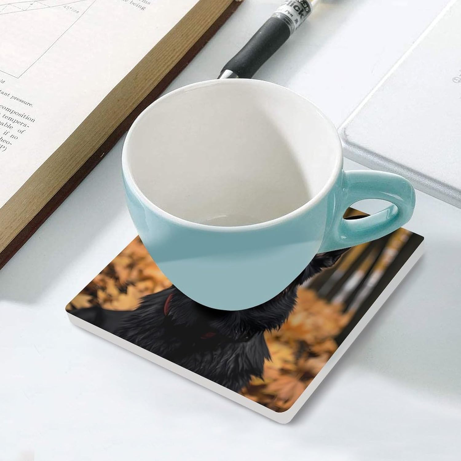 Black German Shepherd Dog Square Ceramic Coasters for Drinks Absorbent Cup Holders with Cork Base Tabletop Protection