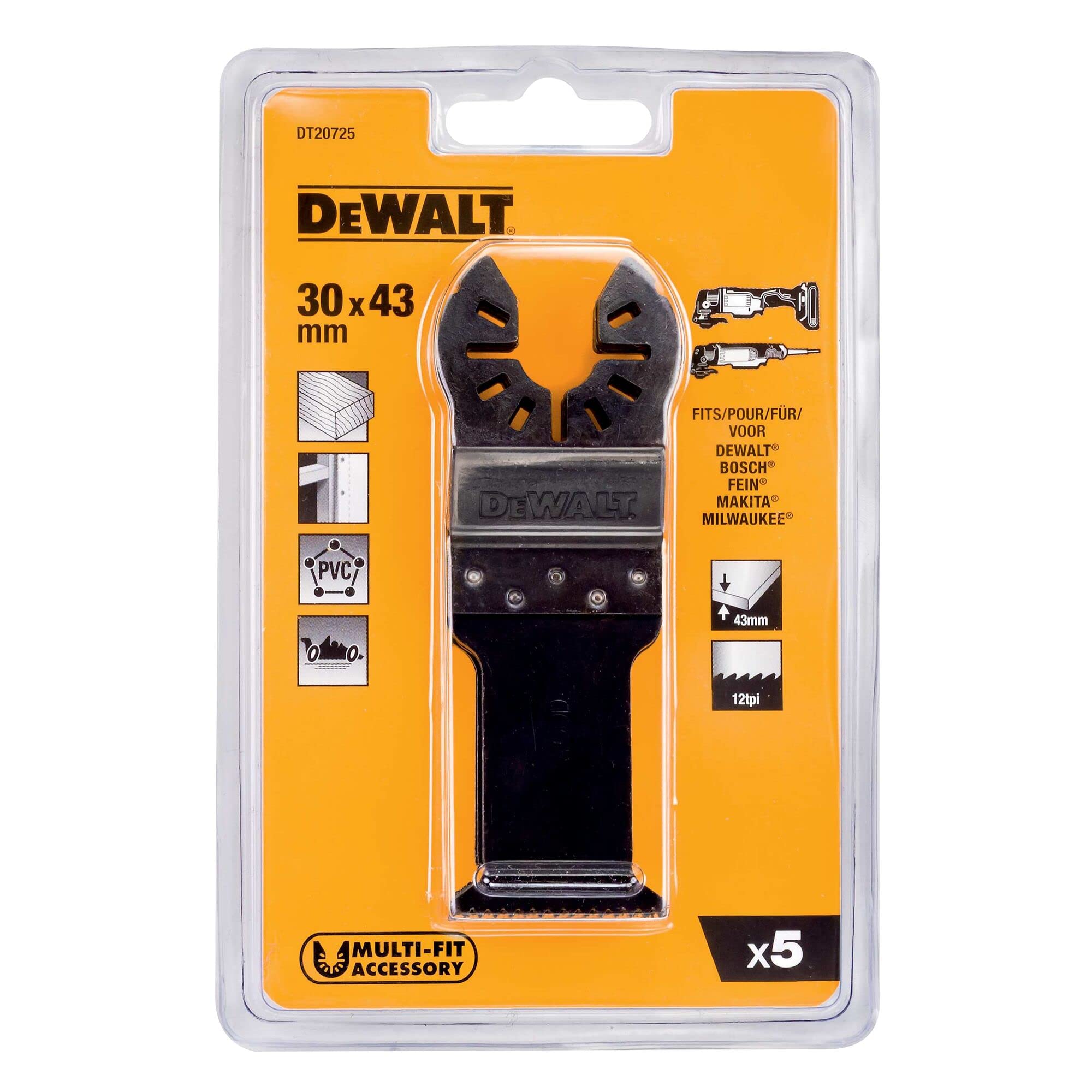 DEWALT 5er-Pack Multi-Tool BiM Sägeblatt (zum Einsatz auf Multi-Tools, Sägeblatt 43 x 30 mm, Multifit-Aufnahme, zum Sägen von Holz, Trockenbaumaterialien, PVC) DT20725-QZ