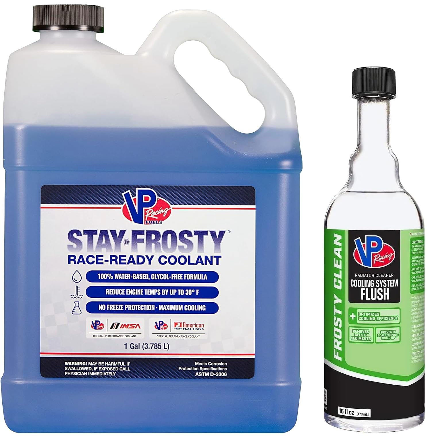 VP Racing 23051 + 208816 - Stay Frosty Race-Ready Coolant with 100% Water-Based Formula, 1 Gallon and Frosty Clean Cooling System Cleaner & Flush, 16 Ounces