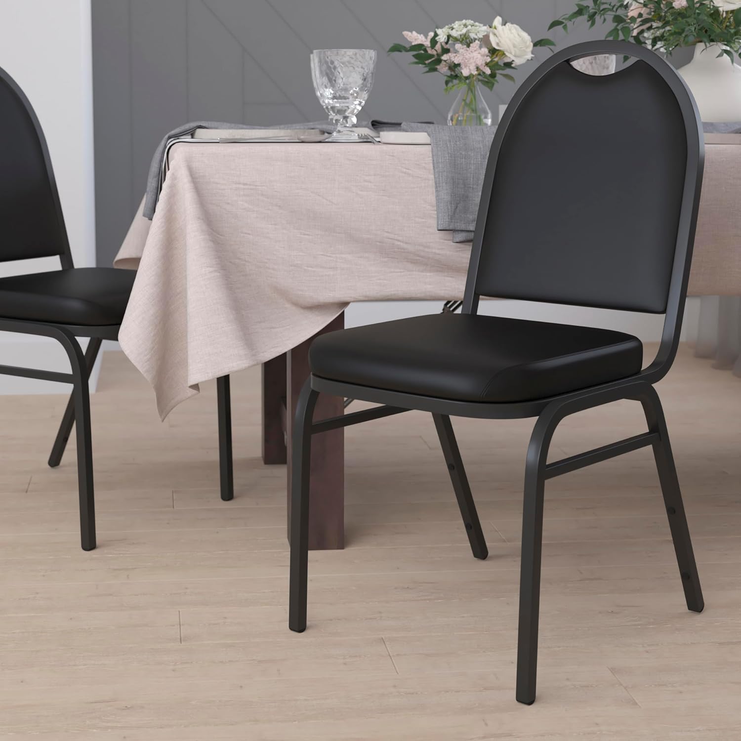 Flash Furniture HERCULES Set of 4 Commercial Grade 500 LB. Capacity Dome Back Stack Chairs - Black Vinyl Upholstery - Black Metal Frames - Built-In Handle