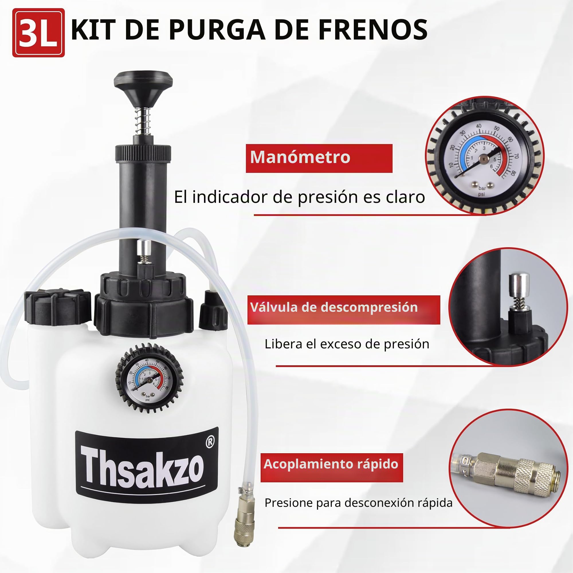 Purgador de Frenos Automático de Aire Comprimido, 3L. Kit de Purgado Neumático de Líquido de Frenos, Kit de Purgado de Líquido de Frenos, Purgador Manual de Vacío de Líquido
