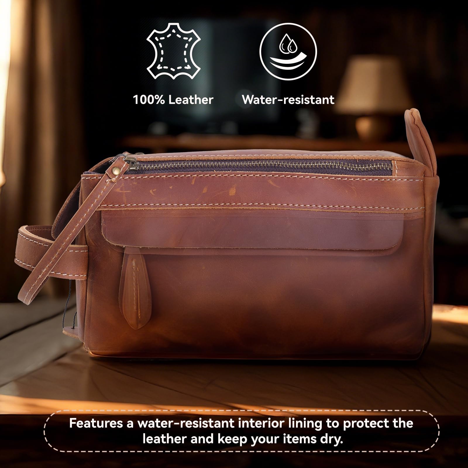 Neceser de viaje de cuero de alta calidad, kit de viaje unisex resistente al agua, organizador de afeitado y cosméticos para hombres y mujeres, artículos esenciales de baño compactos,