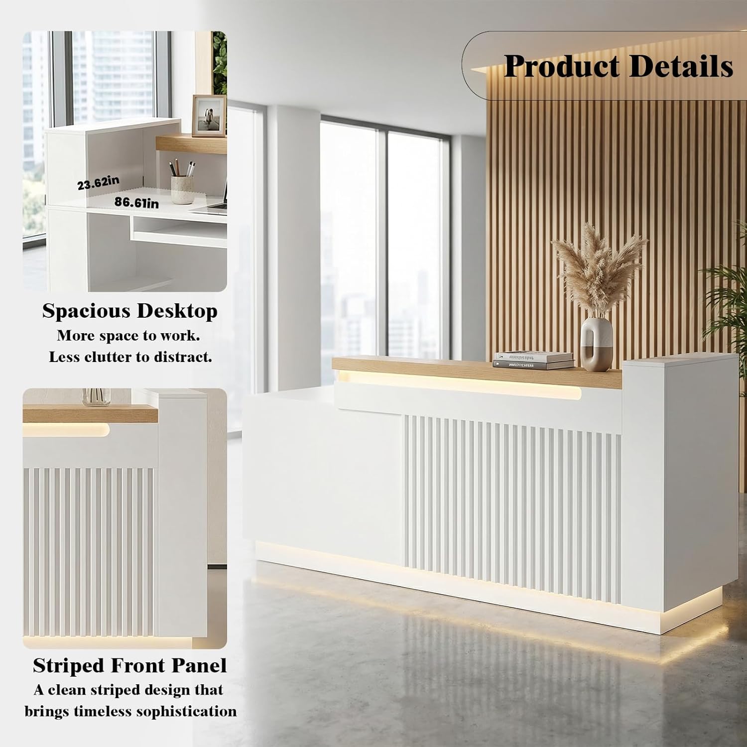 86.6" L-Shaped Reception Desk with LED Lights and Slatted Grille, Modern Front Desk with Built-in Outlets for Salon, Retail Store,Office,White Checkout Counter with Dimmable Switch,Reception Counter