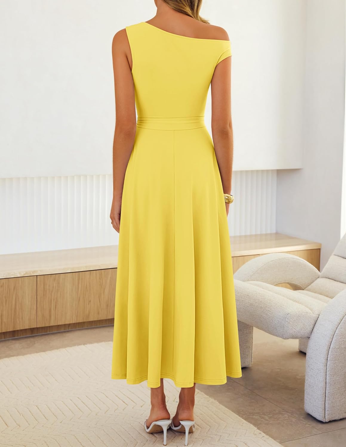 ZESICA Womens Summer One Shoulder Cocktail Maxi Dress 2026 Formal Sleeveless Flowy Wedding Guest Party Dresses with Belt - Image 3