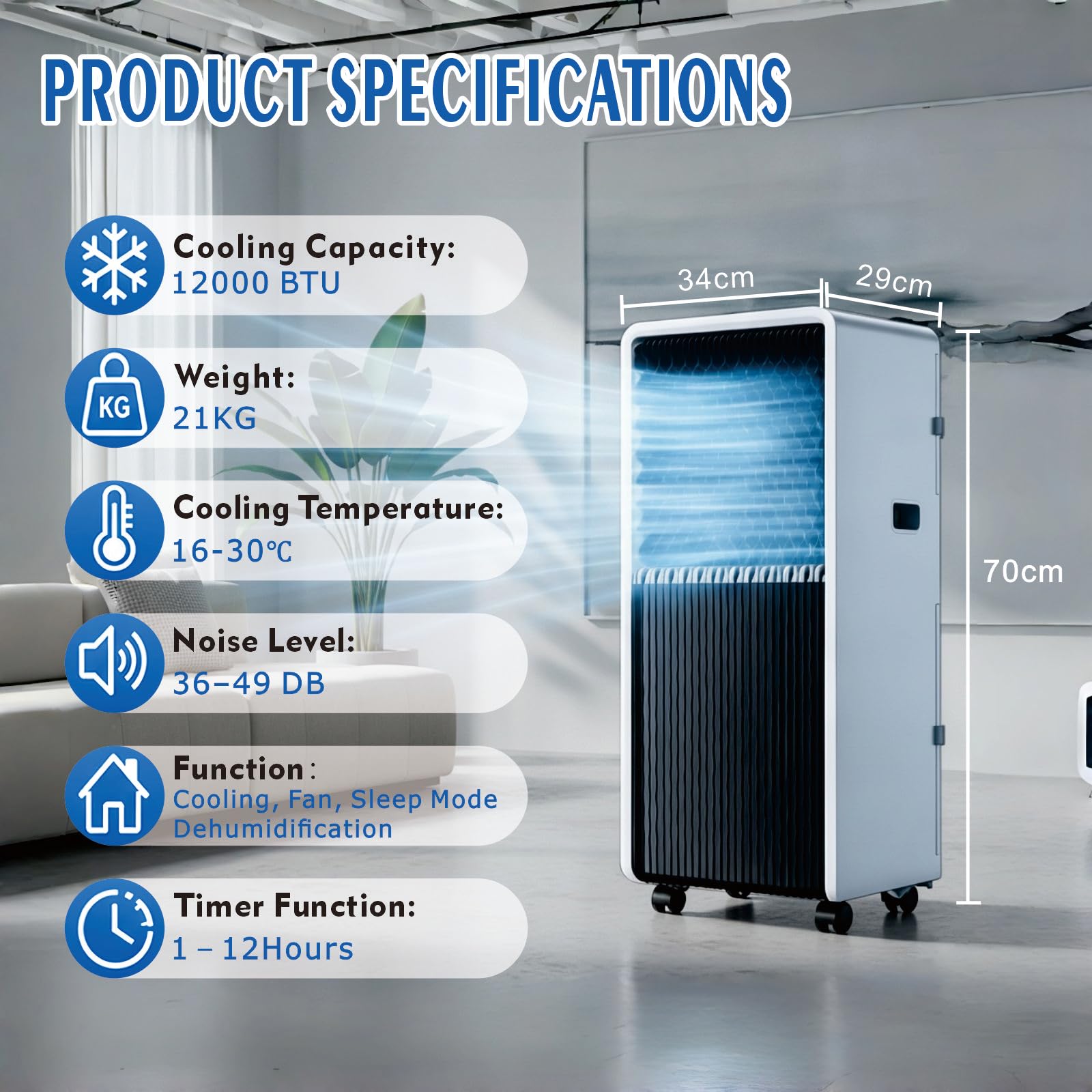 Aire Acondicionado Portátil con Mando a Distancia Climatizador 3 en 1 Frío, Ventilación y Deshumidificador, Modo Reposo, Temporizador 12H, con tubo de escape Kit de instalación, 12000BTU