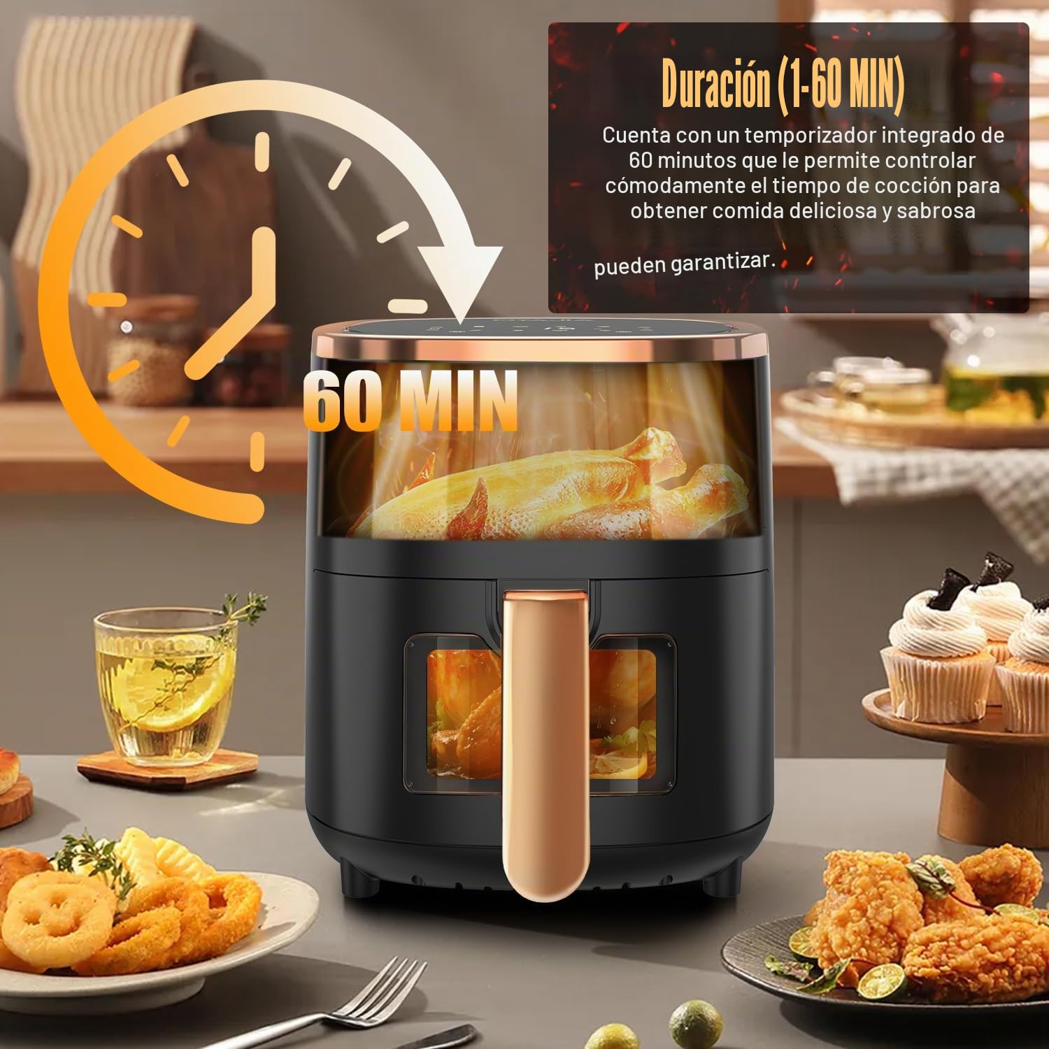Freidora de aire caliente, 6 litros, airfryer con 8 programas, tecnología Rapid Air, pantalla táctil, ventana de visualización, apta para lavavajillas, freidora sin aceite, parrilla digital, horneado