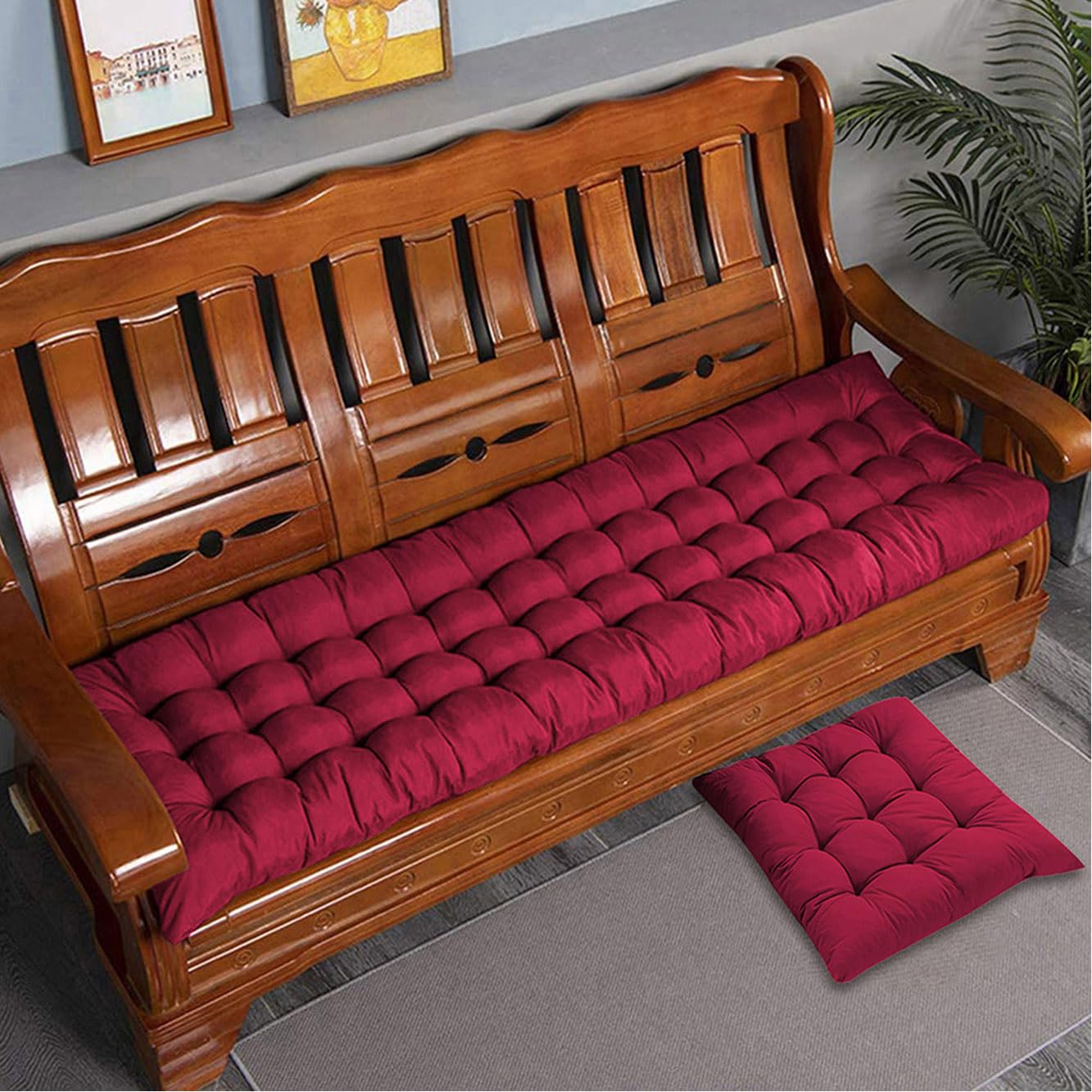 Gruba bawełniana poduszka na ławkę na ławkę 2-, 3-osobową, do użytku wewnątrz i na zewnątrz, do ogrodu, na taras, hamak, 160 x 50 cm, czerwona, idealna do domowego komfortu i stylowego siedzenia