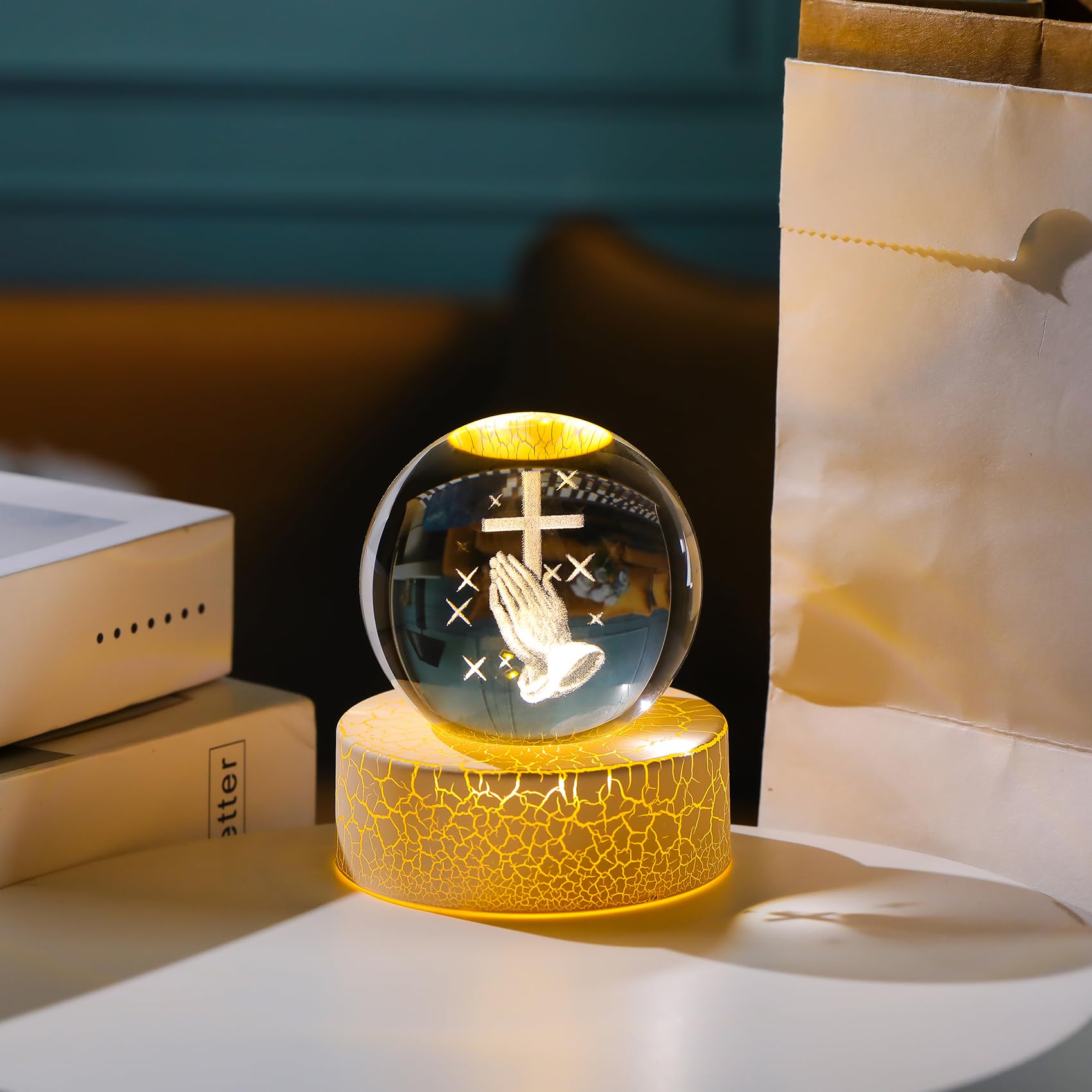 Movdyka Crystal 3D Cross in Praying Hands 2.36in Ball Statue Christian Gifts for Women Men Glass Religious Gift Sphere for Room with Warm Light Crucifix Catholic Presents for Home Ornaments - Image 2