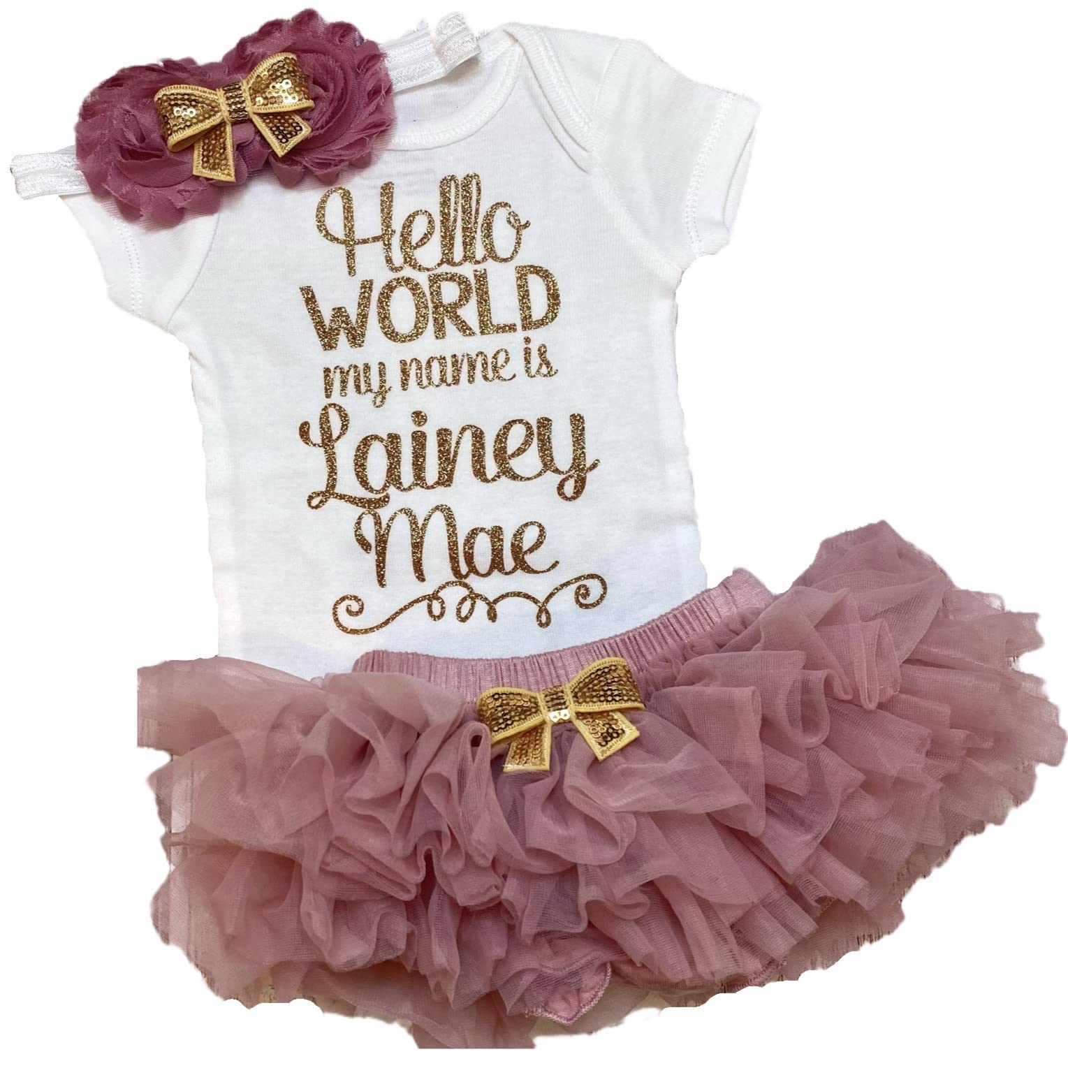 Take Home Outfit Baby Girl Outfit Personalized Name Hello World my name is Optional Tutu Bloomers Headband (Dusty Rose + Gold)