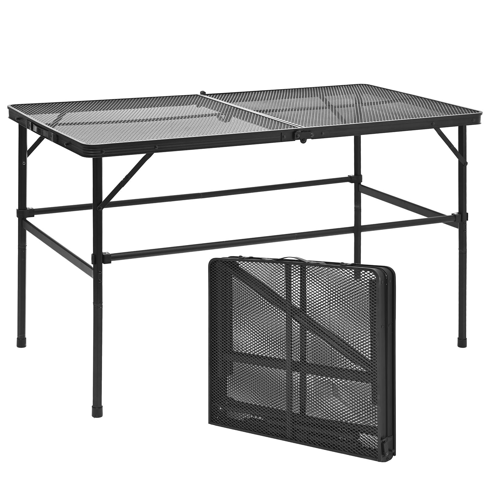 Camping Table, 120 x 60 cm Large Metal Folding BBQ Table, Lightweight Outdoor Garden Table with Mesh Top, Adjustable Height 40/70 cm, Portable BBQ Side Table for Camping Cooking, Picnic & Garden Party — image 1