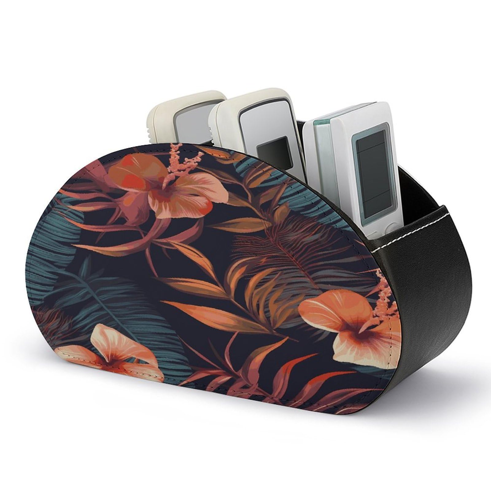 FekiLoot Tropical Flower Remote Control Holder, PU Leather Remote Control Organizer Box Stationery Remote Control Box Desk Storage Organizer for DVDs,Glasses,Pens,Media Players
