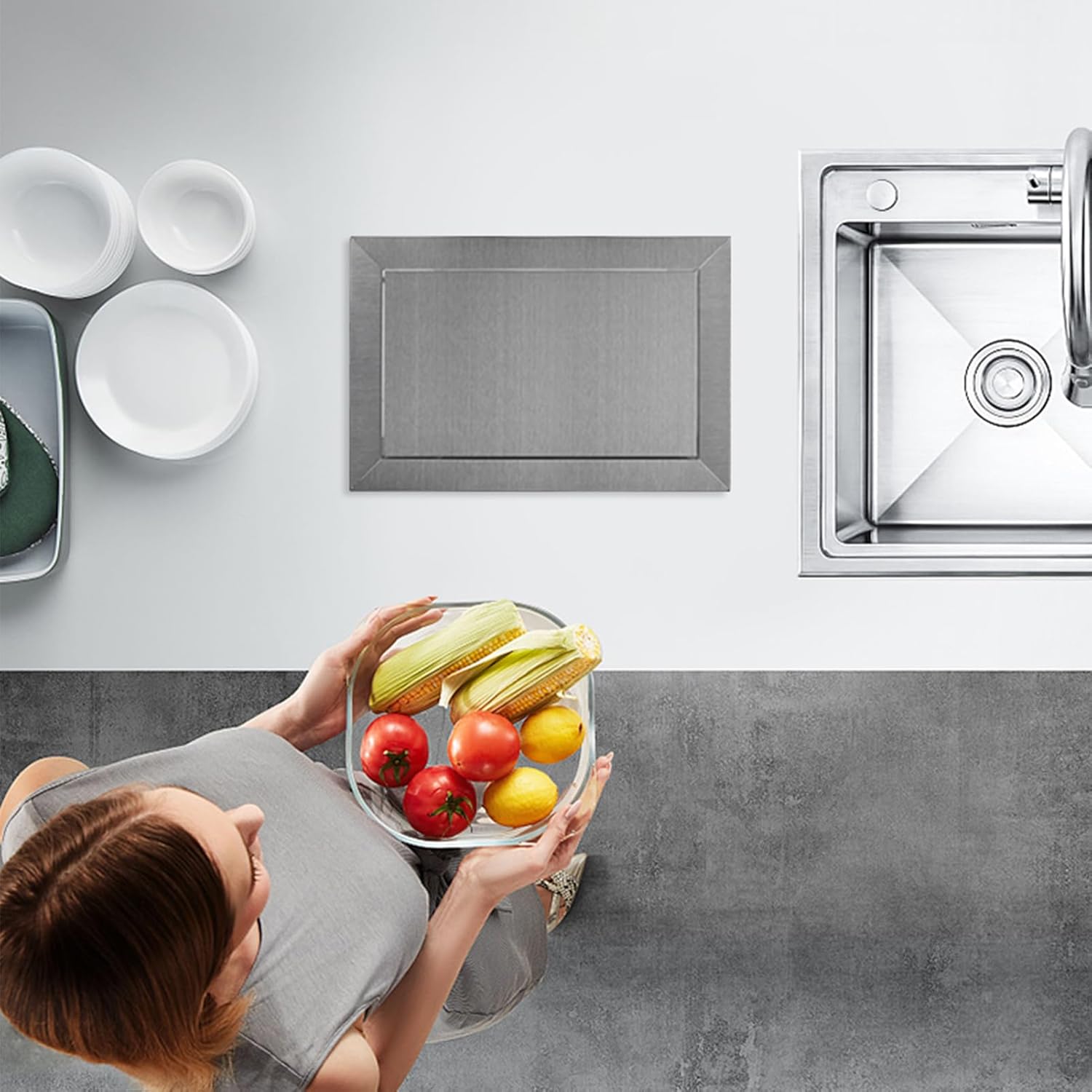 Stainless Steel Balance Trash Can Lid, Square Recessed Counter Top Cover, Built-in Swing Garbage Can Lid, Waste Chute Flap, Brushed Surface Garbage Cover,Black 295x195mm