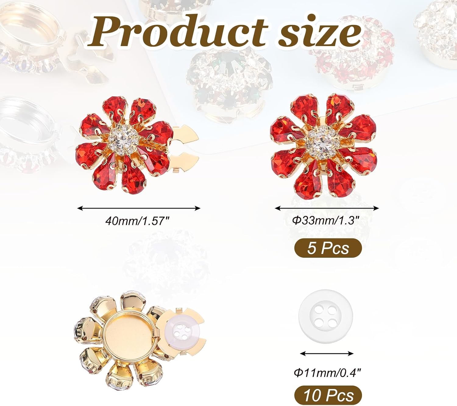 PATIKIL 5 Pcs Rhinestone Button Covers Decorative Clips with 10 Pcs White Sewing Buttons Detachable Water Drop Sewing Replacement for Women Men DIY Crafts Accessories (Red/Gold) image 2