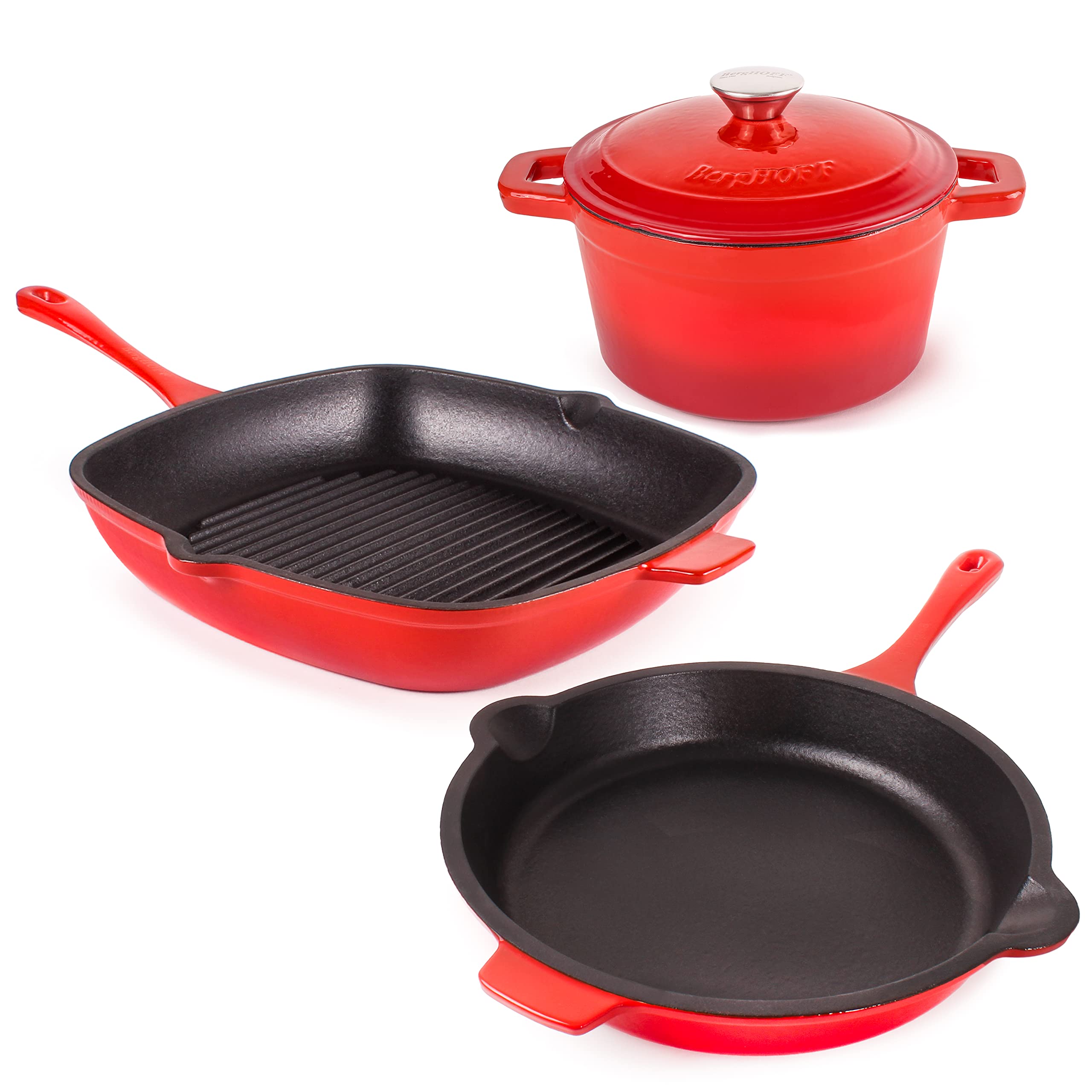 BergHOFF Neo 4Pc Enameled Cast Iron Cookware Set, Grill Pan 11 inches, Fry Pan 10 inches, 3qt. Dutch Oven, Matching Lid, Fast, Evenly Heat, Oven Safe (Red)